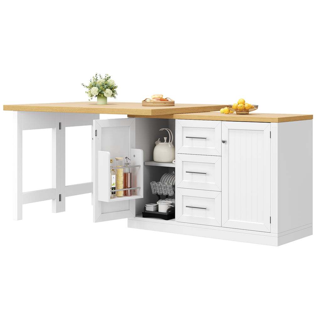 Extendable Sideboard & Table Combo, 120-180 cm Adjustable Dining Table with Storage, 3 Drawers & Snack racks, Space-Saving kitchen island for Small Flats, White/Antique Green