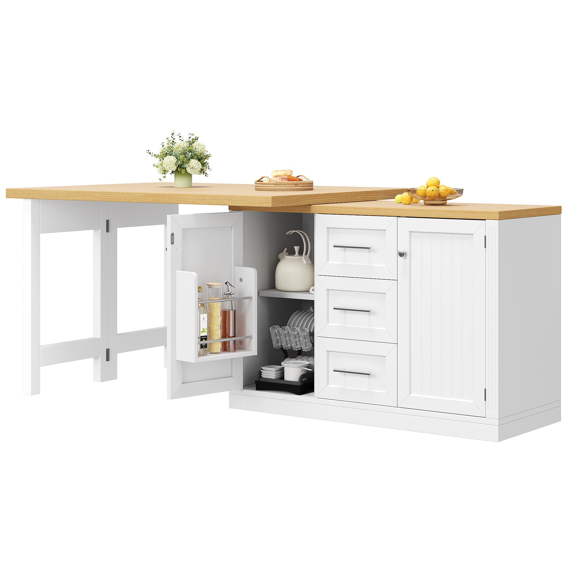 Extendable Sideboard & Table Combo, 120-180 cm Adjustable Dining Table with Storage, 3 Drawers & Snack racks, Space-Saving kitchen island for Small Flats, White/Antique Green