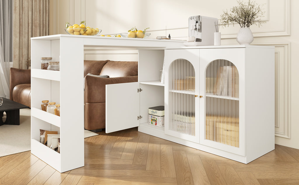360° rotating bar table (main body 120 x 40 x 97 cm), modern and simple white rotating dining and bar cabinet, multifunctional storage cabinet with glass door