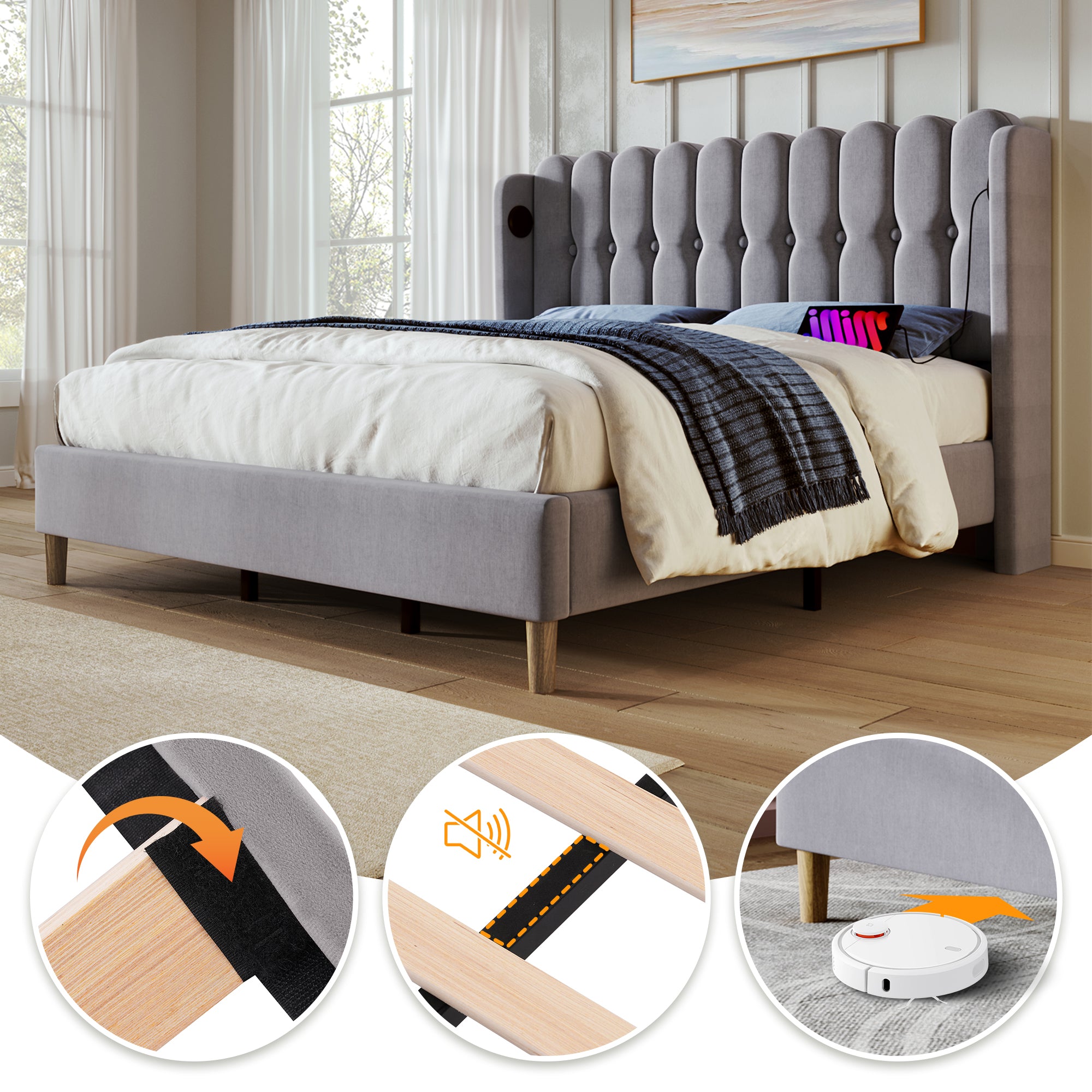 Upholstered Double Bed with USB and Type-C Charging, Bed Frame with Wooden Slatted Frame, Teenager Bed for Bedroom & Guest Room,4ft6 135 x 190 cm Bed Frame, Grey, Linen Material (No Mattress) .