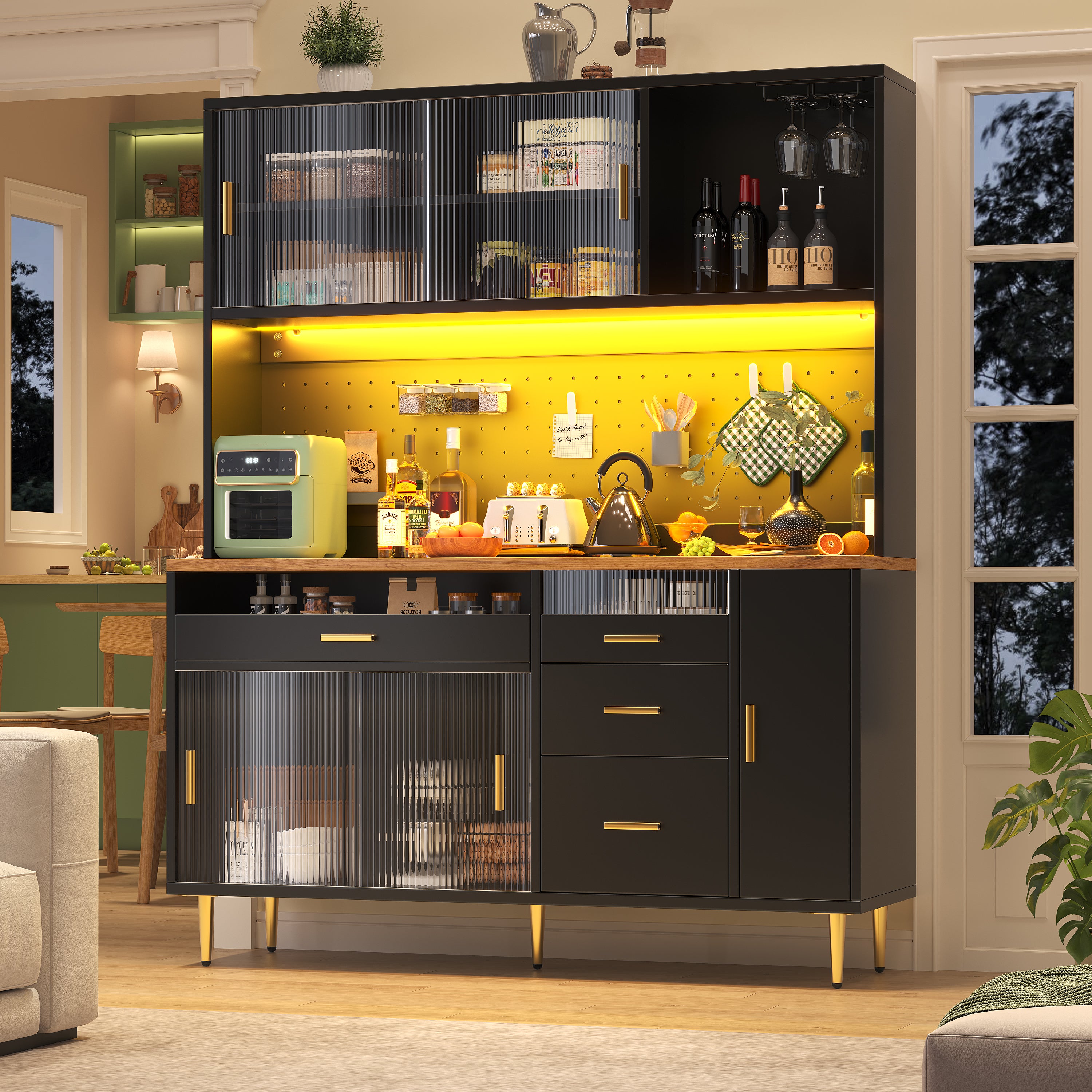 Highboard with LED Lighting & Pegboard Shelves, Tall Cabinet for Living Room, Kitchen & Dining Room Storage, Adjustable Freestanding Cupboard, 145x24x171cm, Black