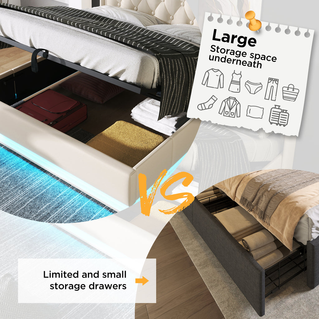 Upholstered Double Ottoman Bed with 360 Surround Led Function,Hydraulic Storage Bed Frame with Large Storage Space, 4ft6 Double Bed Frame with Charging Function,135 x190 ,PU, White (No Mattress)