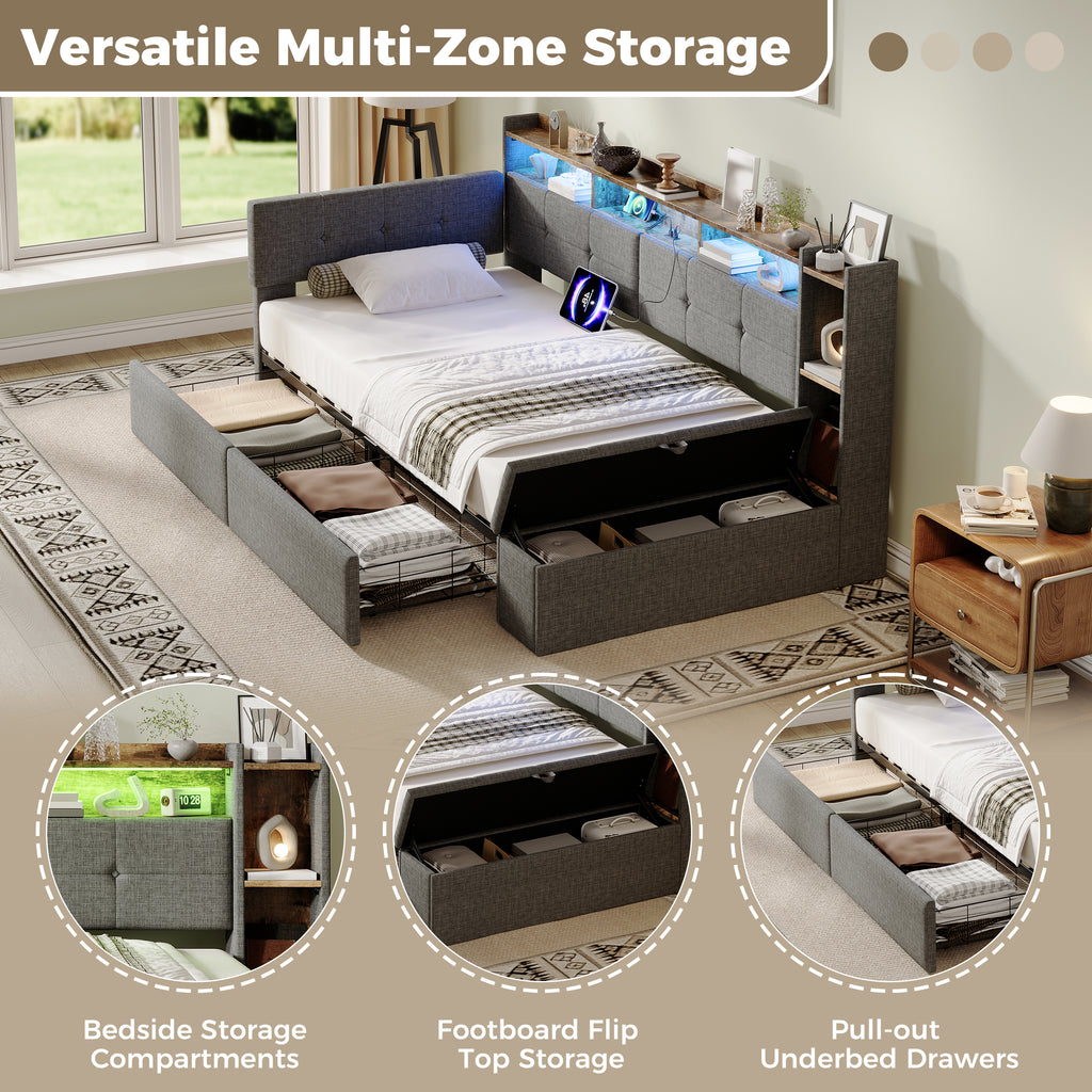 3ft Single LED Daybed with Storage Drawers and Bed End Ottoman Storage, Modern Linen Sofa Bed with Charging Station for Living Room/ Bedroom/ Study Room, 90X190cm, Grey (No Mattress)