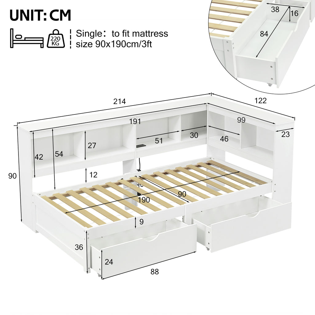 3ft Single L-Shape Daybed with Two Storage Drawers and Bookcase Storage, Modern Bed Frame with Charging Station, Wood Bed for Living Room/ Bedroom/ Study Room, 90X190cm, White (No Mattress)