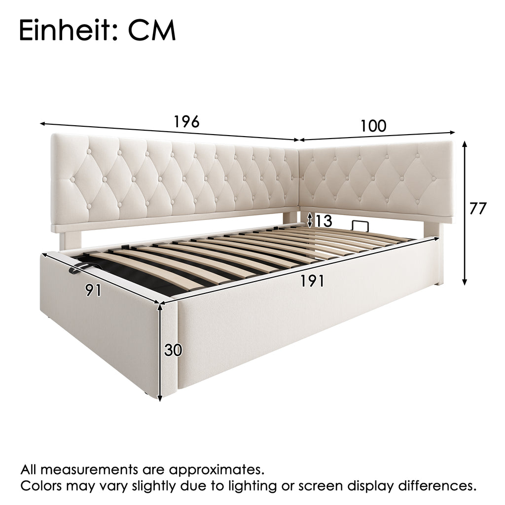 Daybed Upholstered Bed with Storage, 3FT Single Sofa Bed 90 x 190 cm, Ottoman Bed with Hydraulic Storage, Metal Slatted Bed Frame, Velvet, Beige (No Mattress)