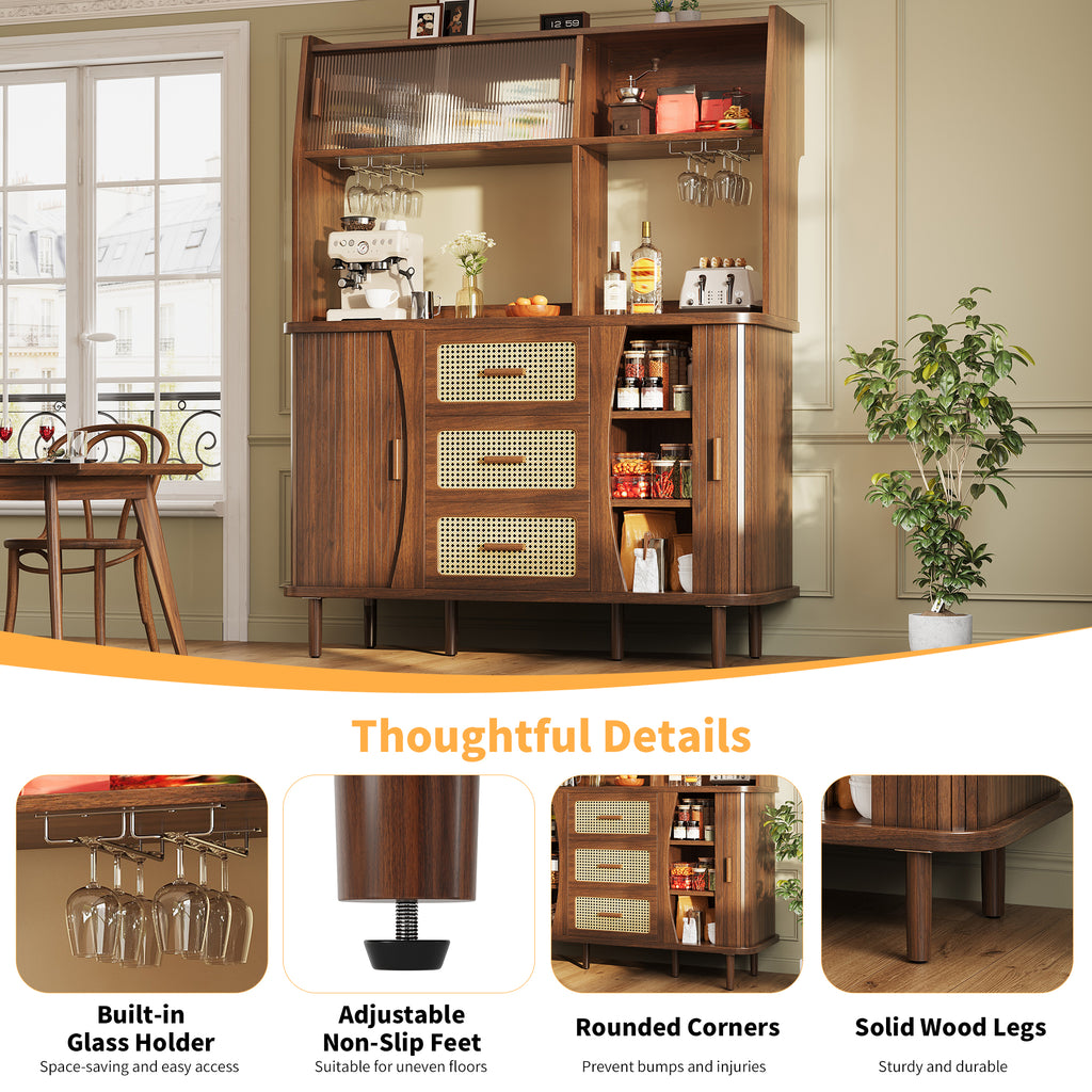 High-quality sideboard with rattan look and glass sliding doors, 174.5 cm high kitchen cabinet with storage space, natural wood/walnut look