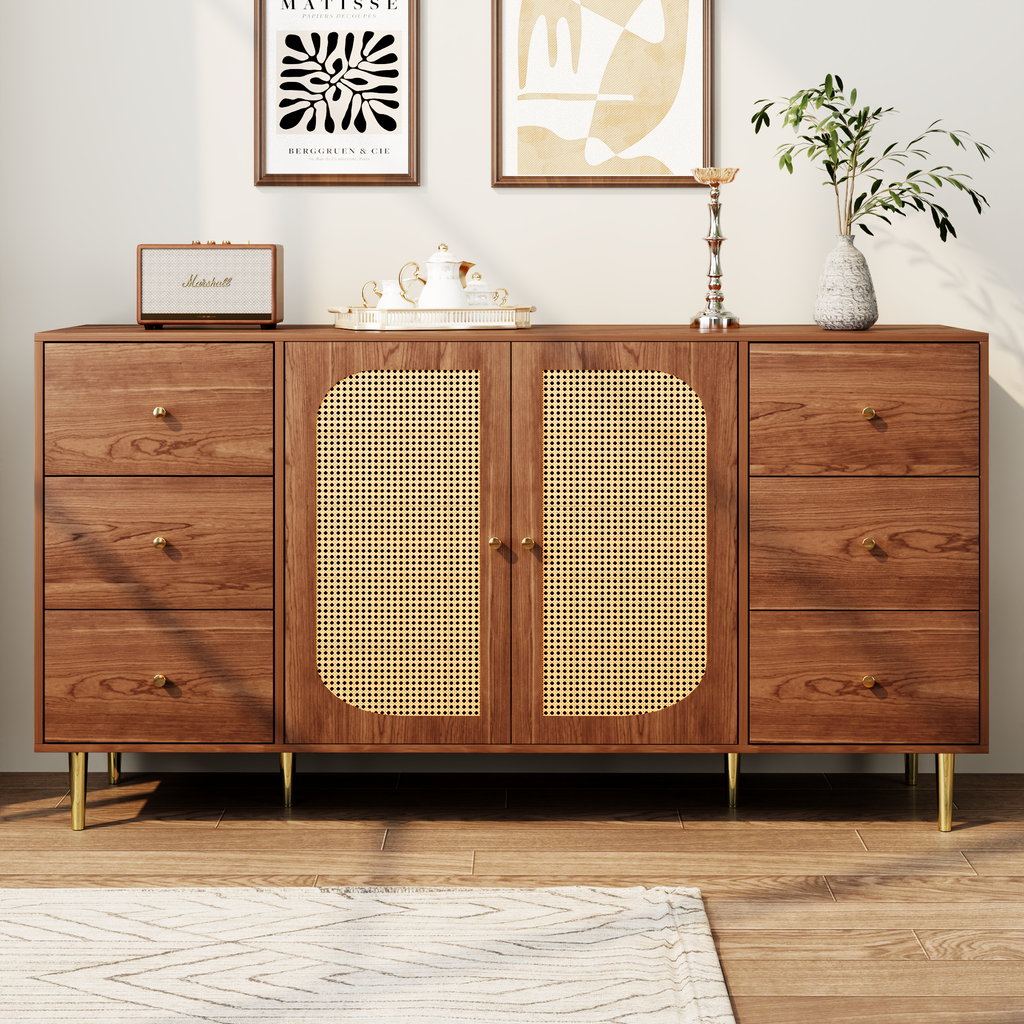 Modern sideboard 160*40*90cm, rattan door design, with 6 drawers, wooden texture, gold metal legs, dining room living room storage cabinet