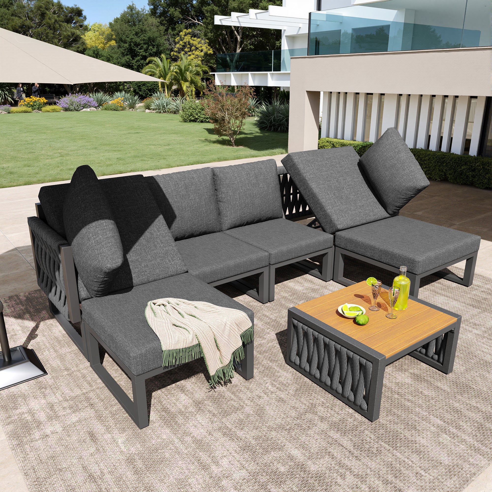 Garden Furniture Set with High-Quality Seat & Back Cushions, Garden Lounge Armchairs for 6 People, Outdoor Daybed, Adjustable Backrest Angle, Gray
