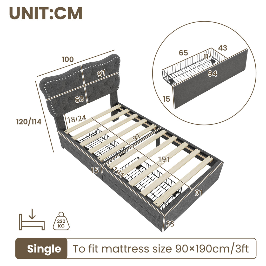 3ft Single Upholstered Bed with Rivet Design and Charging Station, Two Storage Drawers, Adjustable Button Tufted Headboard with USB & Type-C Ports, No Box Spring Needed, Linen, Grey (No Mattress)