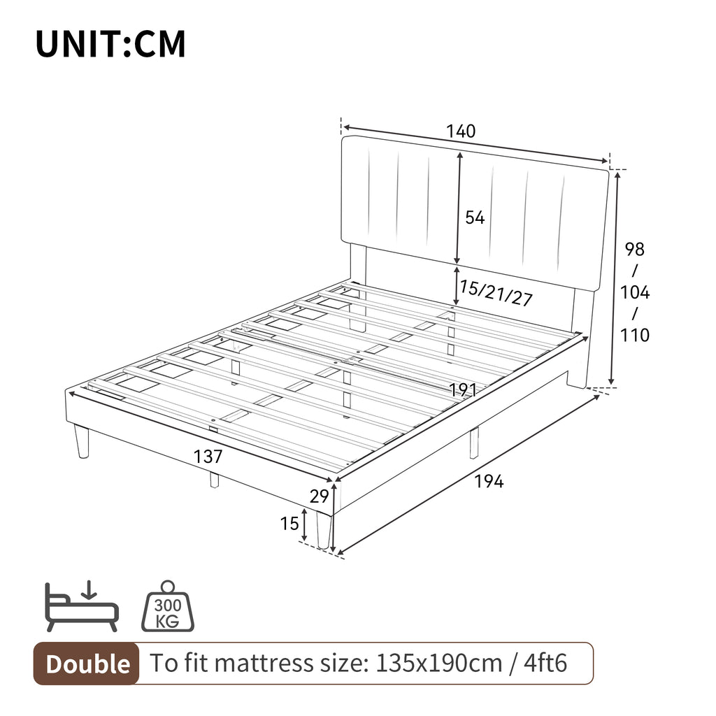 4ft6 Double Upholstered Velvet Bed Frame, with Adjustable Channel Tufted Headboard, Velvet Platform Bed Frame with Solid Wood Slat and Mute Foam, No Box Spring Needed, Easy Assembly, Beige