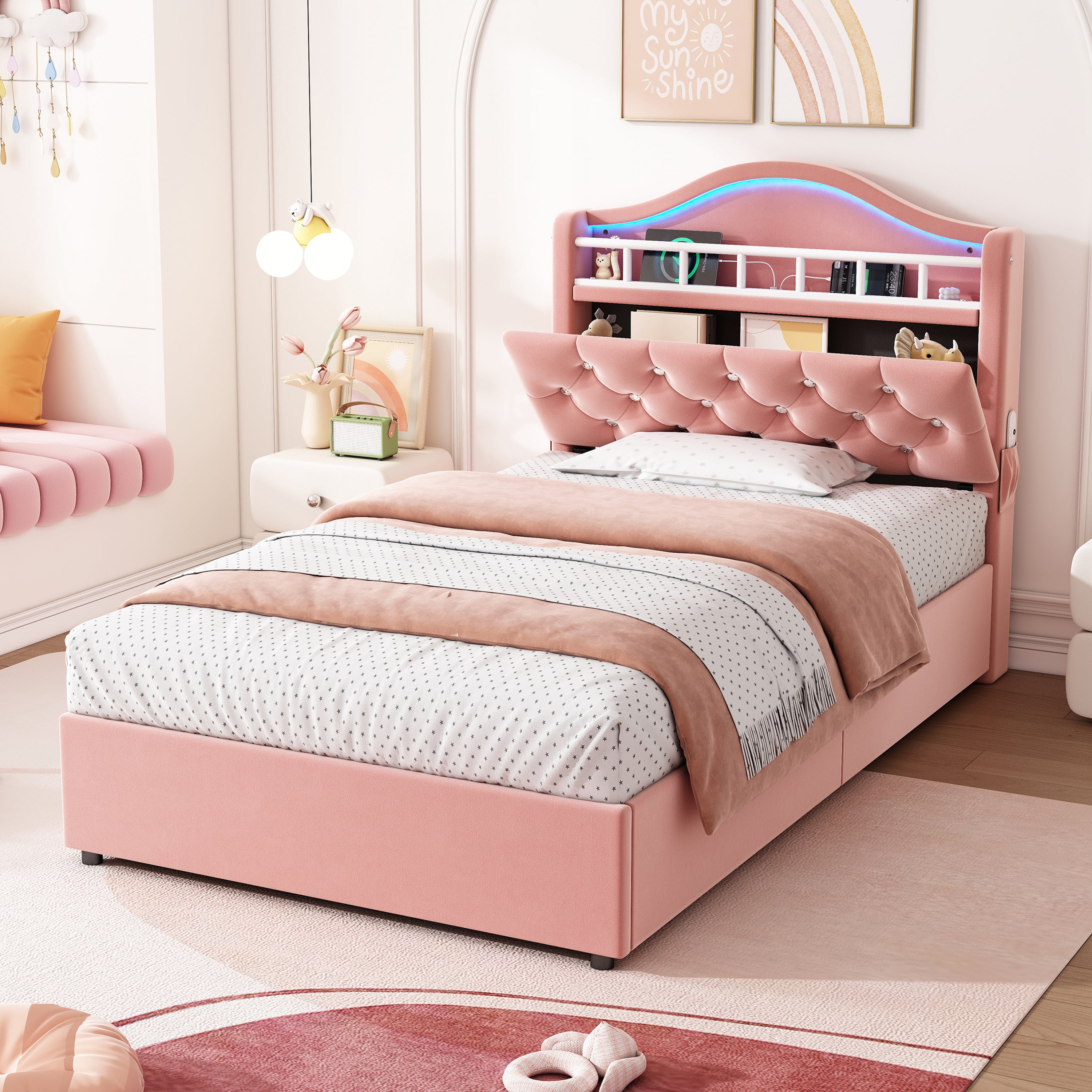 3ft Single Hydraulic Bed in Velvet, LED Bed Frame with Charging Station & Diamond Tufted Headboard, Multi-zone Storage, Solid & Stable Base, Pink (No Mattress)