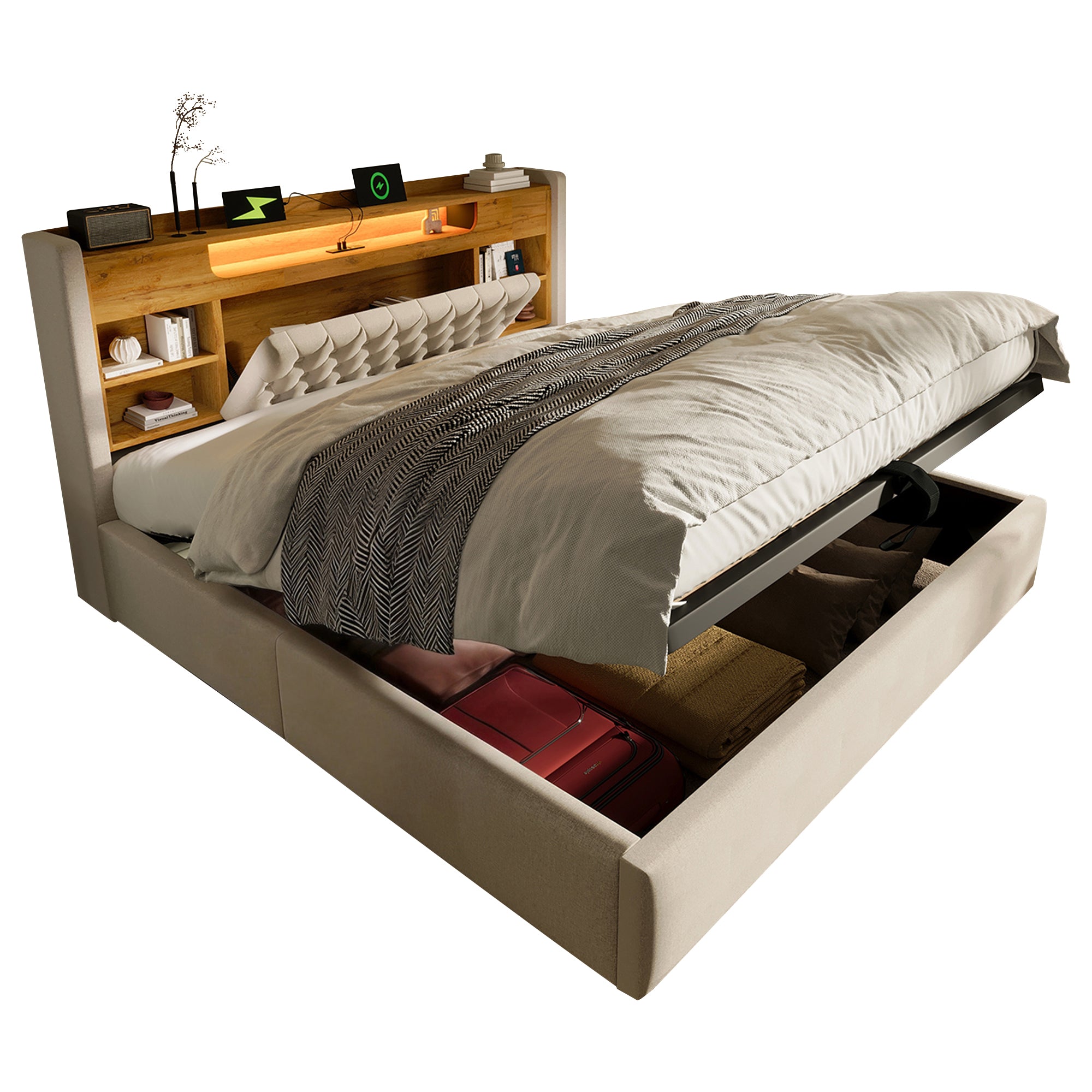 6ft Super King Bed with Hydraulic Storage, Upholstered Bed Frame with LED Lighting & Charging Station, Storage Headboard for Cellphones & Tablets, 180 x 200 cm, Linen, Beige (No Mattress)