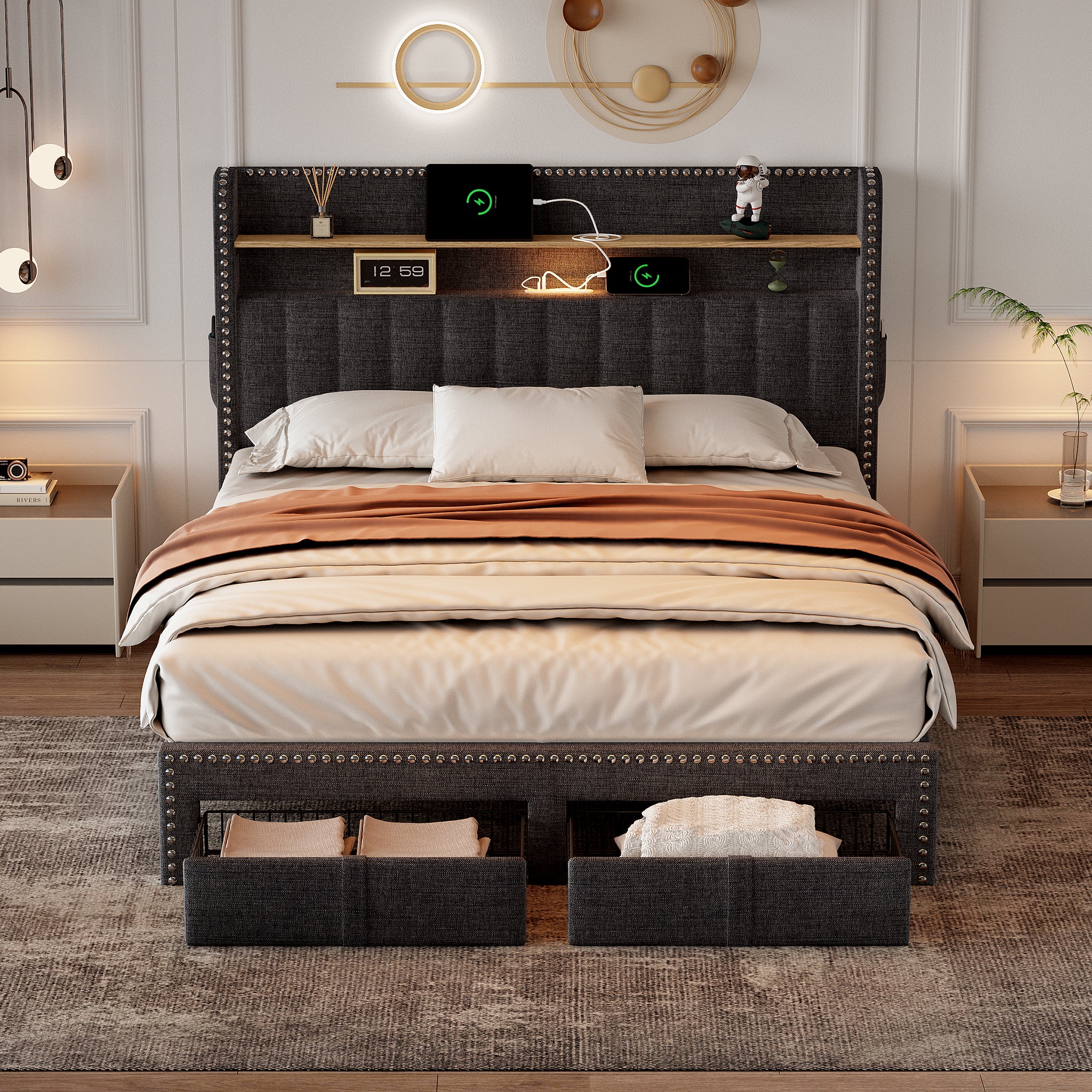 4ft6 Double Upholstered Bed with 2 Storage Drawers, Riveted Storage Bed with Charging and Lighting, Linen Platform Bed Frame No Box Spring Needed, Easy Assembly, Grey (No Mattress)