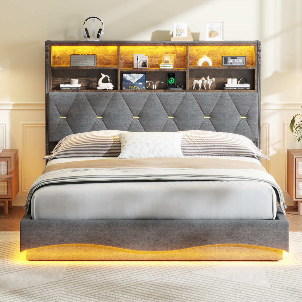 5ft King Upholstered Bed Frame with Hydraulic Storage, Wavy LED Heightened Headboard with Charging Station, USB and Type - C Ports, Linen, No Box Spring Needed, Grey (No Mattress)