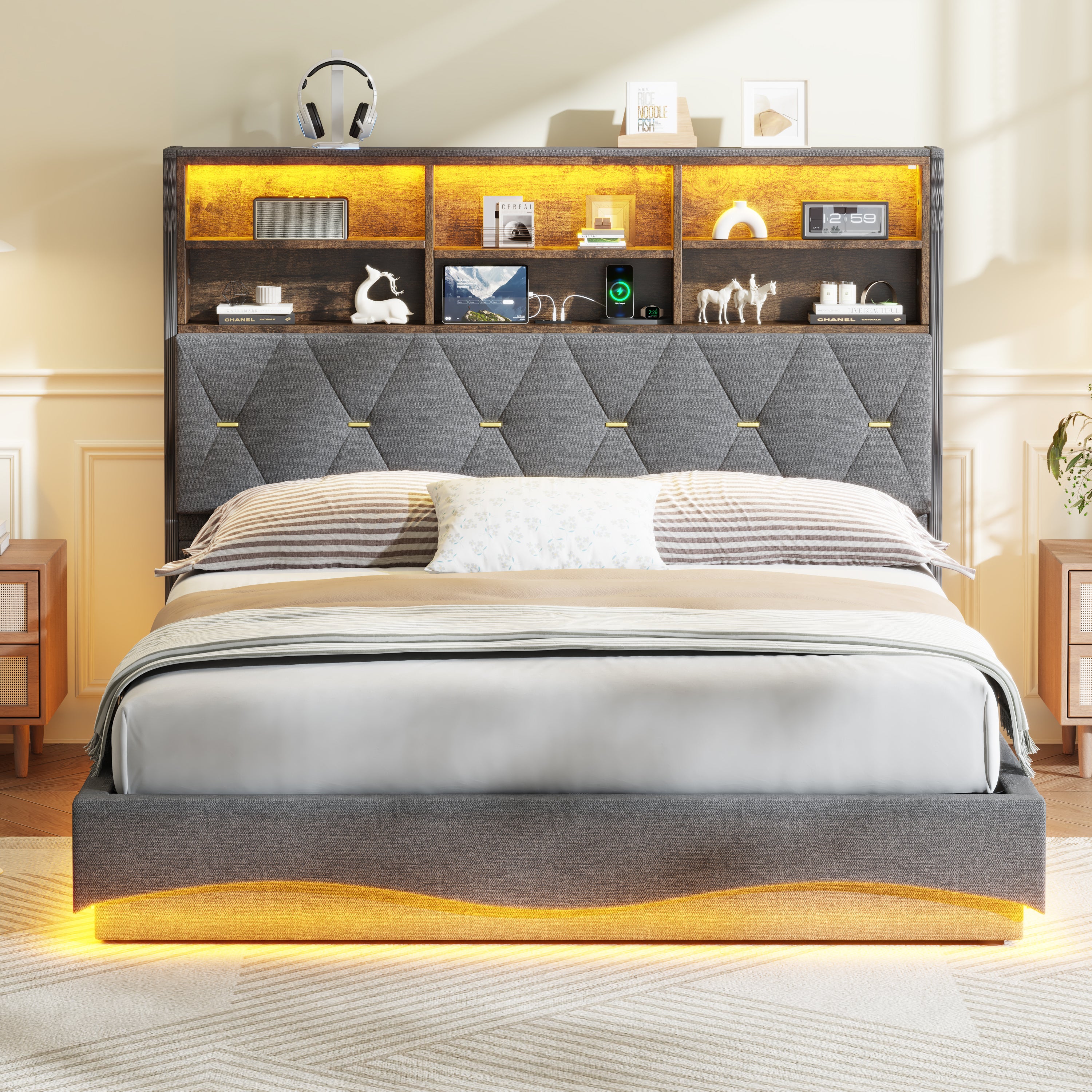 5ft King Upholstered Bed Frame with Hydraulic Storage, Wavy LED Heightened Headboard with Charging Station, USB and Type - C Ports, Linen, No Box Spring Needed, Grey (No Mattress)