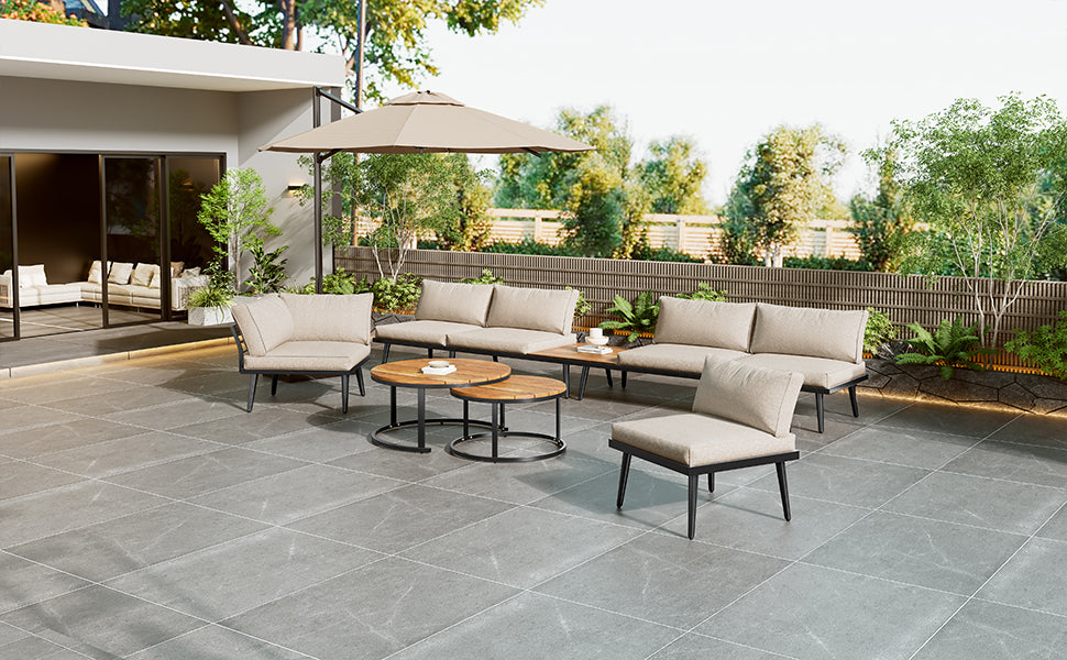 Modular Outdoor Sofa Set with Galvanized Iron Frame, Washable Cushions, Acacia Wood Nesting Tables, for Patio & Garden