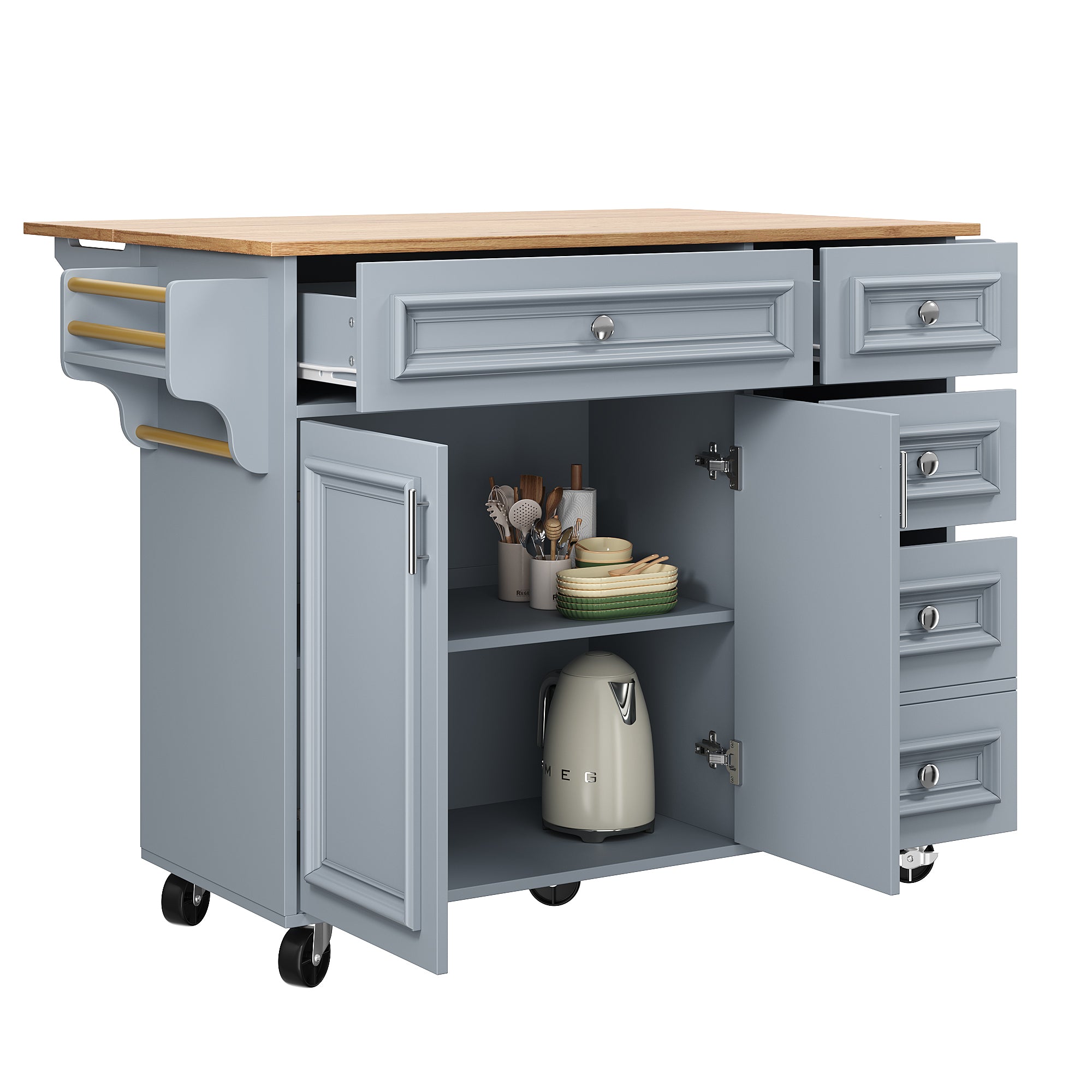 Kitchen island (110×45-75×92cm), removable serving trolley buffet cabinet, dining trolley with vintage pattern, buffet cabinet, multifunctional dining table with storage space, Blue