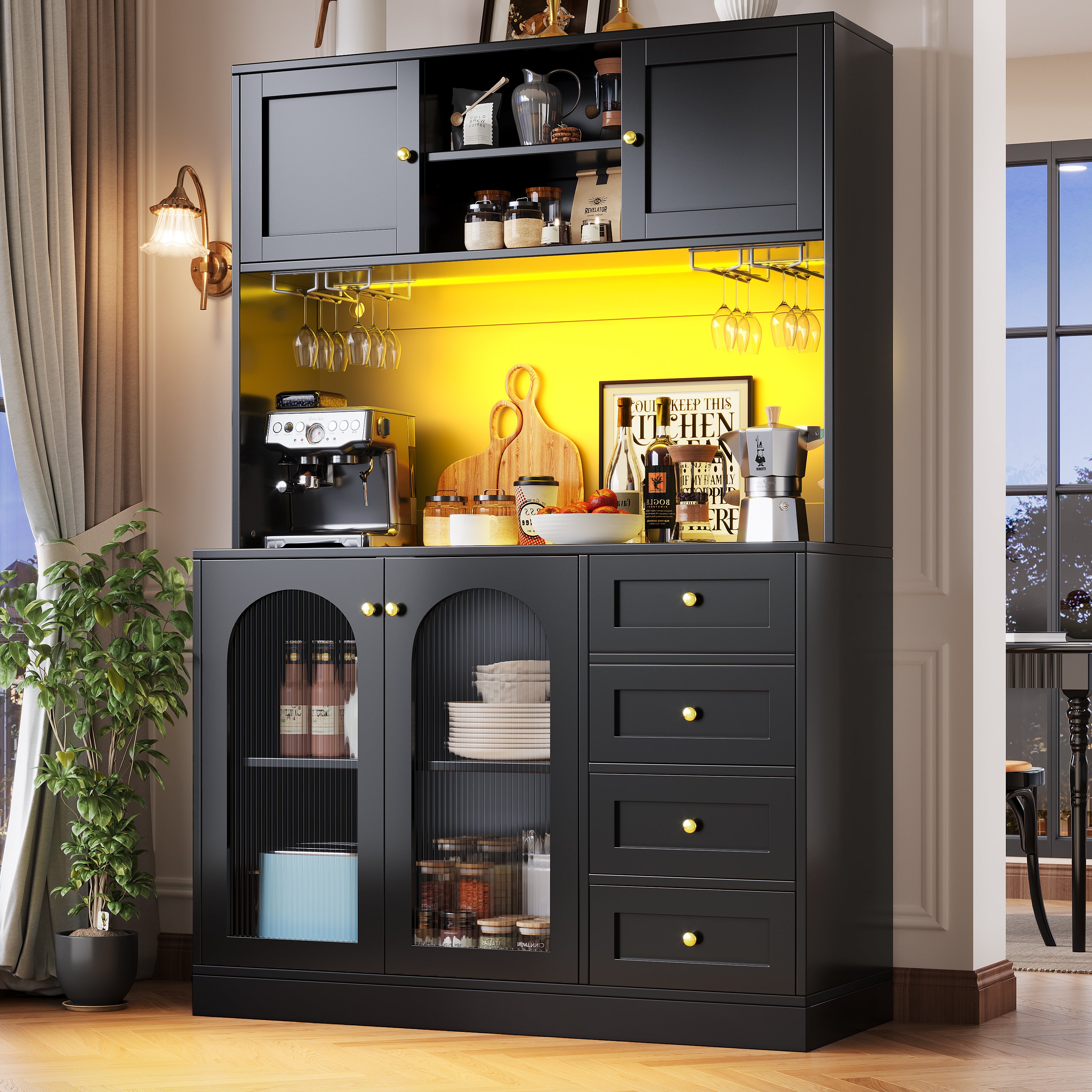Sideboard / Storage Cabinet / Kitchen Cabinet / Buffet Cabinet, 120x40x188cm, Farmhouse Style, 4 Doors, with LED Light Strip & Drink Holders, Black/White (Fluted Glass Doors)
