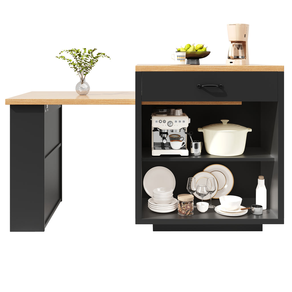 Extendable Kitchen Island with LED Lighting, Modern Storage Cabinet with 2 Drawers & Adjustable Shelves, Kitchen Sideboard with Fluted Glass Doors, MDF Kitchen Countertop for Dining Room