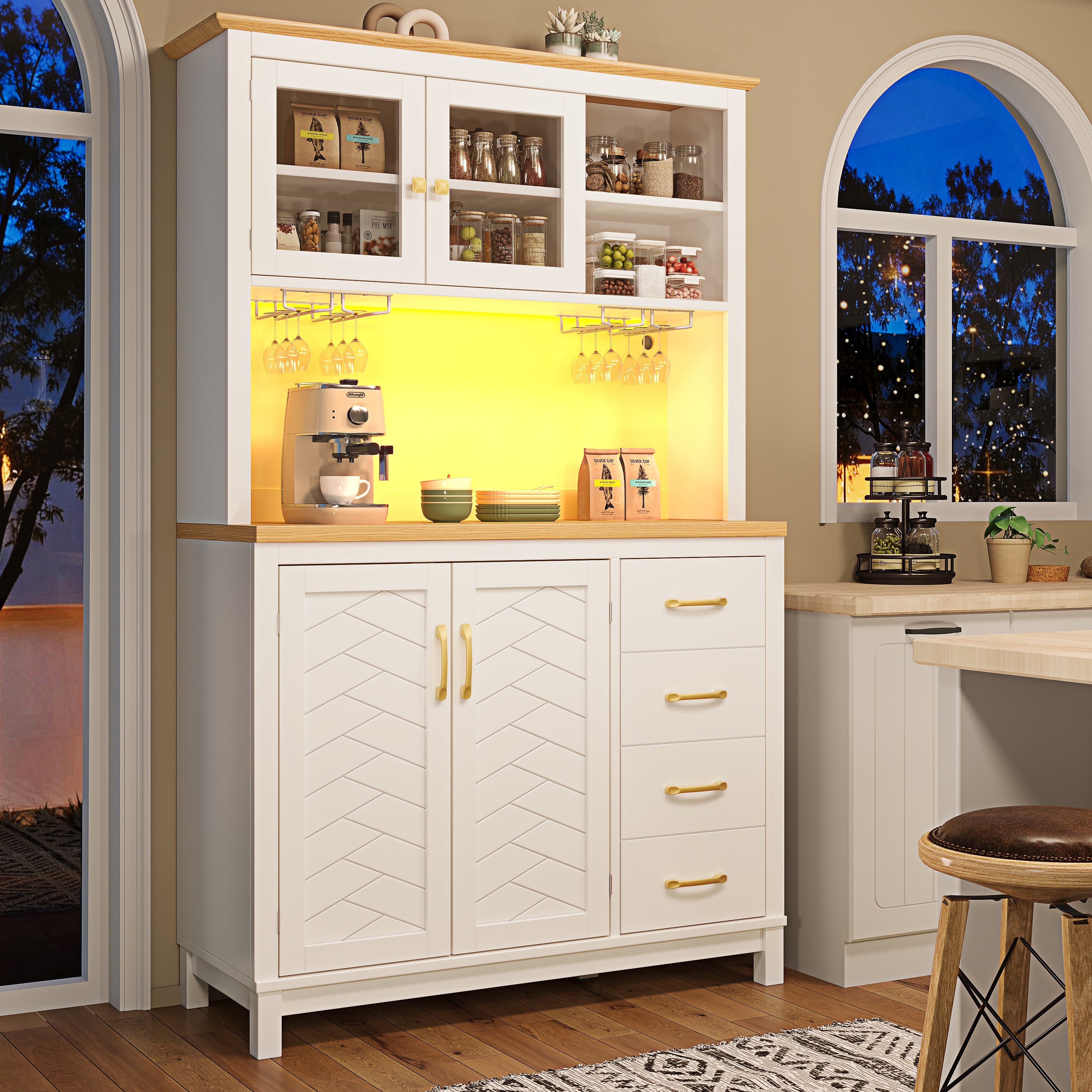 Sideboard / Storage Cabinet / Kitchen Cabinet / Buffet Cabinet, 105.5x40x180cm, Farmhouse Style, 4 Doors, with LED Light Strip & Drink Holders, White