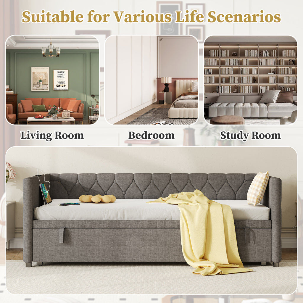 Upholstered Daybed, Sofa Bed with Charging Station, 3ft Single Button-tufted Bed with USB and Type - C Ports, Pull out Trundle Bed for Living Room/ Bedroom/ Study Room, Linen, Grey (No Mattress)