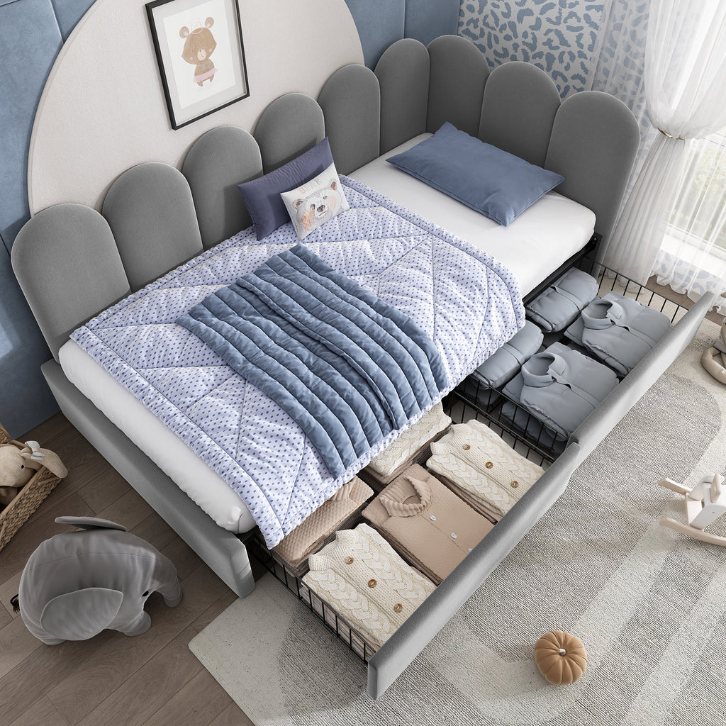 Upholstered Bed for Kids Daybed with Drawer Storage, 3FT Single Sofa Bed 90 x 190 cm, Sofa Bed for Adults and Children, Kids Bed Frame with Slatted Frame, Velvet, Grey (No Mattress)