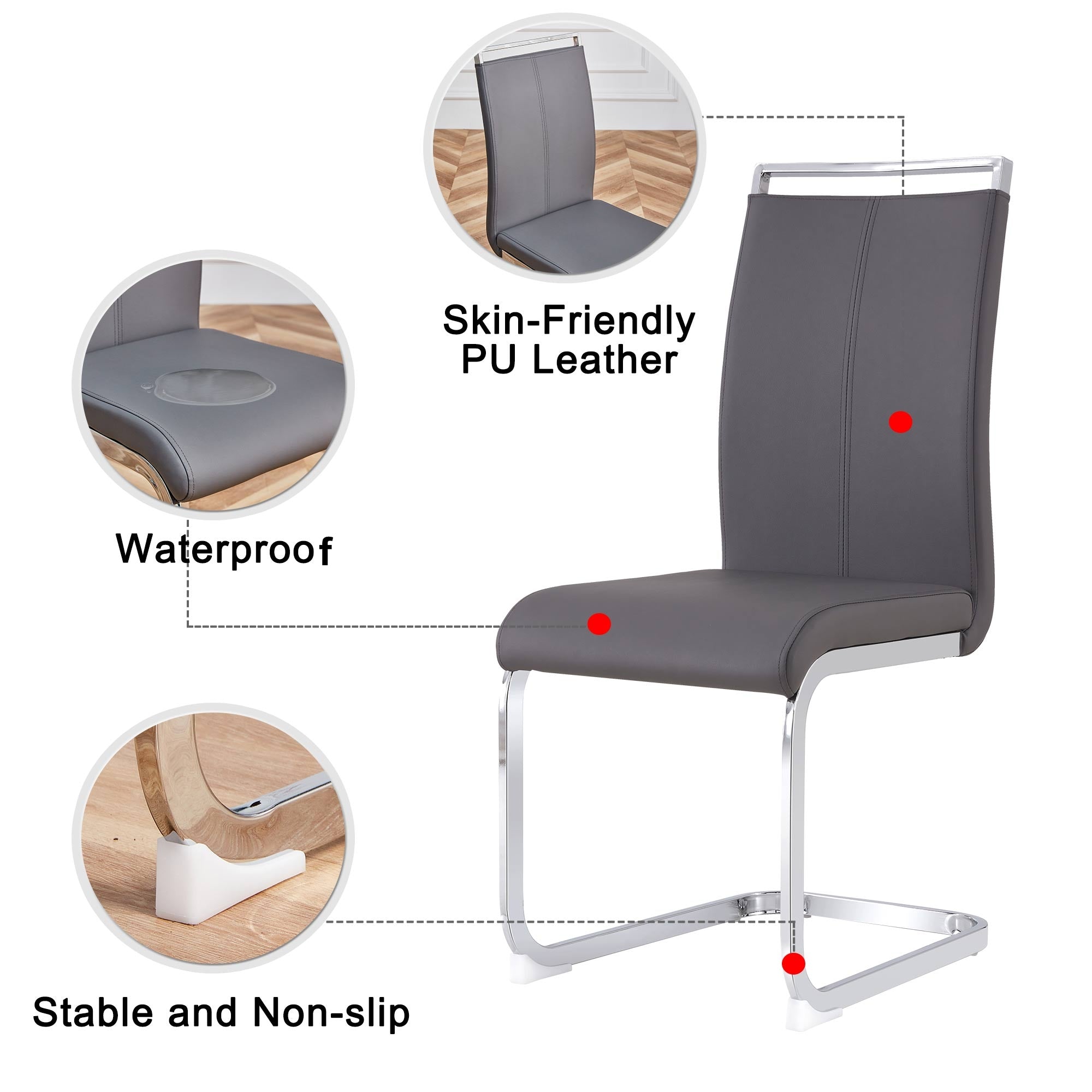 Cantilever chair, chrome-plated metal frame, can hold up to 120 kg, softly padded with imitation leather cover, gray (set, 4 pieces)
