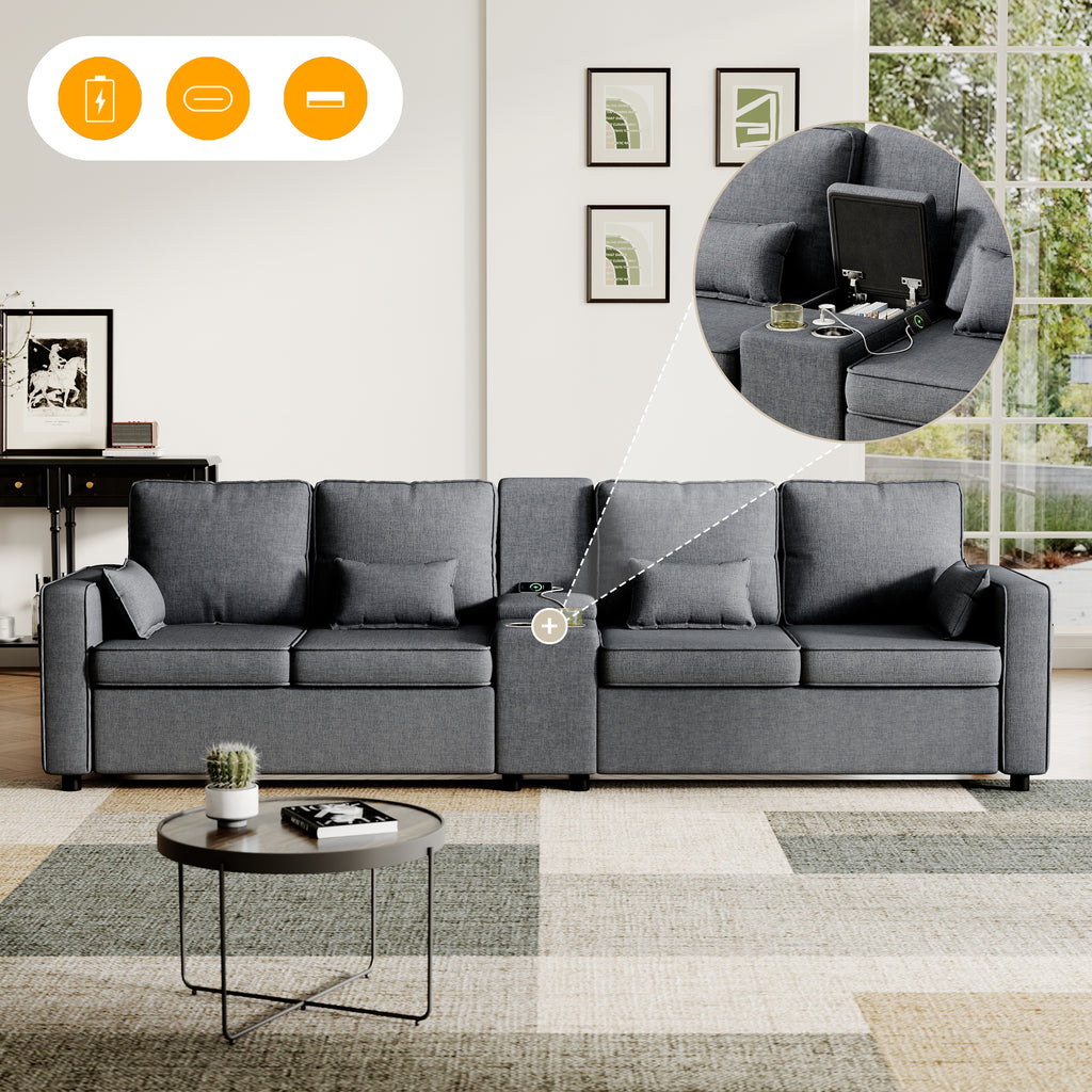 4-Seater Modern Sofa with Storage Console, Minimalist Style Couch with Side Pockets, Cup Holders and Charging Ports (USB & Type-C), for Living Room, Apartment, Office,Grey, Linen Fabric