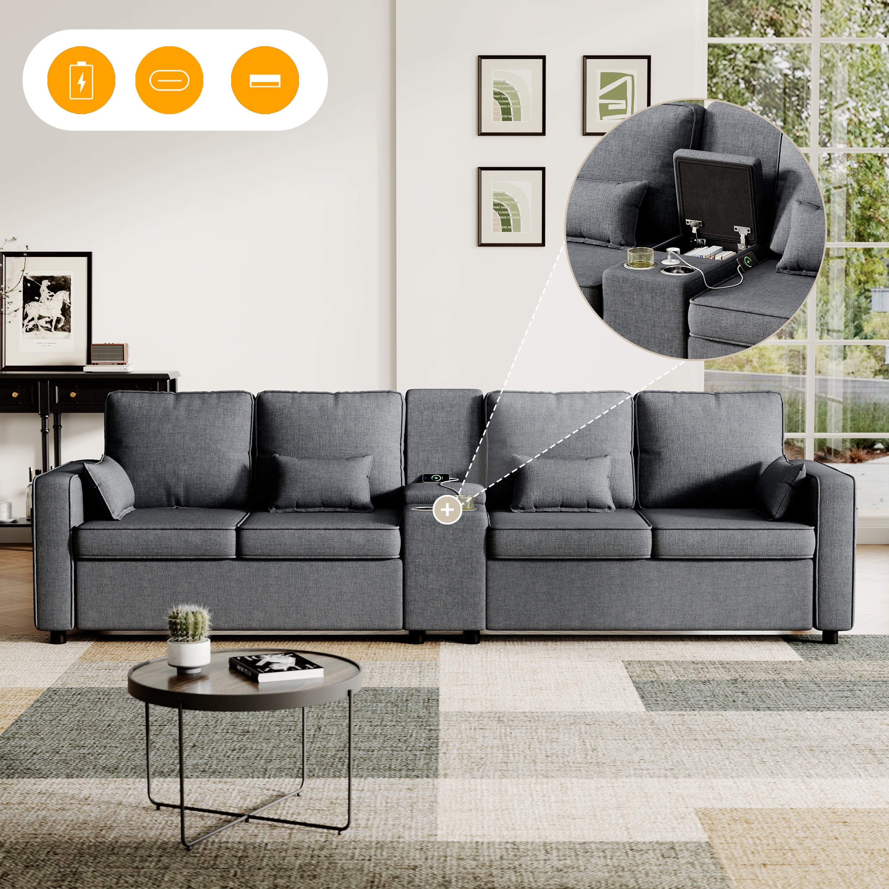 4-Seater Modern Sofa with Storage Console, Minimalist Style Couch with Side Pockets, Cup Holders and Charging Ports (USB & Type-C), for Living Room, Apartment, Office,Grey, Linen Fabric