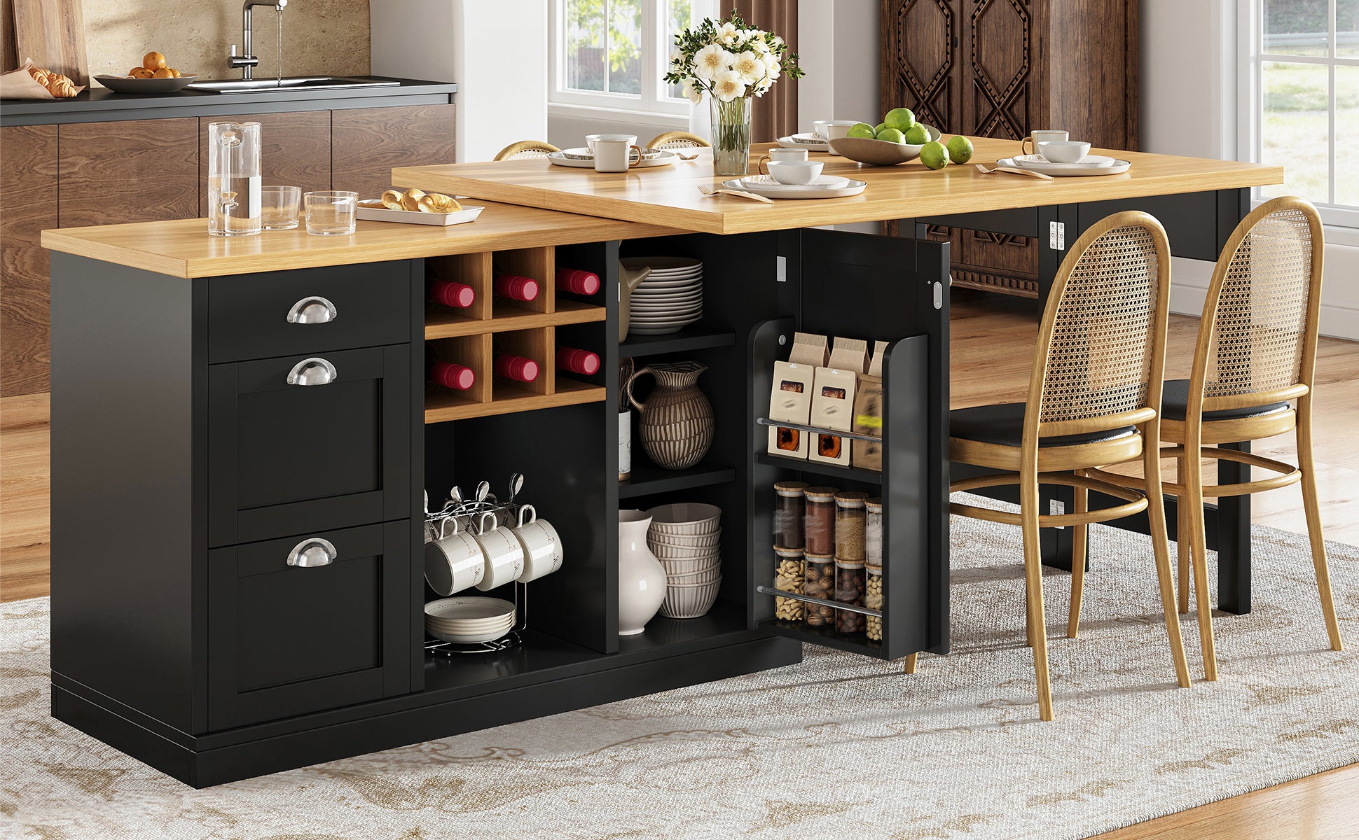 Extendable Sideboard & Dining Table Combo, 3 Drawers & Snack rack & Wine rack, Space-Saving Sideboard for Small Flats, White/Black