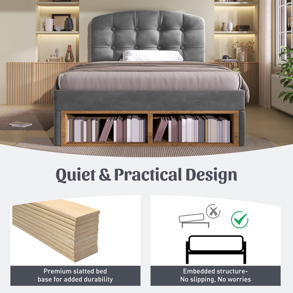 Upholstered Single Bed with Storage Compartments and Drawers, 3ft Single Bed with Adjustable Headboard, 90 x 190 cm, Velvet, Grey (No Mattress)