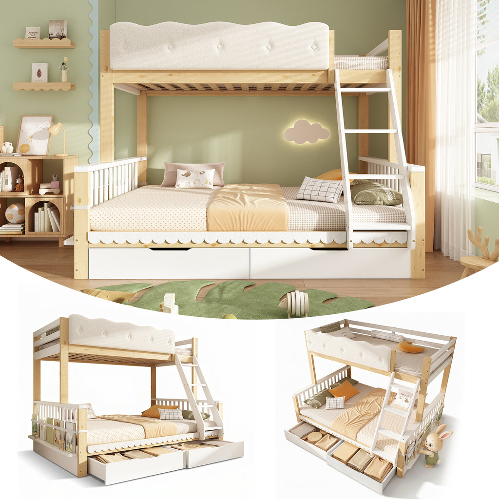 Bunk Beds for Kids, Children's Bunk Bed with Drawers and Side Bookshelf, Double Bunk Bed for Family with Multiple Children, (90+135) x 190 cm, Solid Wood, White & Nature
