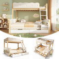 Bunk Beds for Kids, Children's Bunk Bed with Drawers and Side Bookshelf, Double Bunk Bed for Family with Multiple Children, (90+135) x 190 cm, Solid Wood, White & Nature