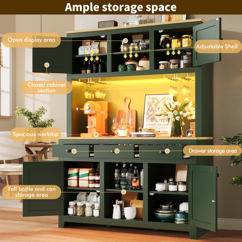 LED tall cabinet with lighting system, PE rattan cabinet with anti-tip device, large freestanding cabinet with adjustable shelves and drawers, vintage storage cabinet for kitchen, dining room