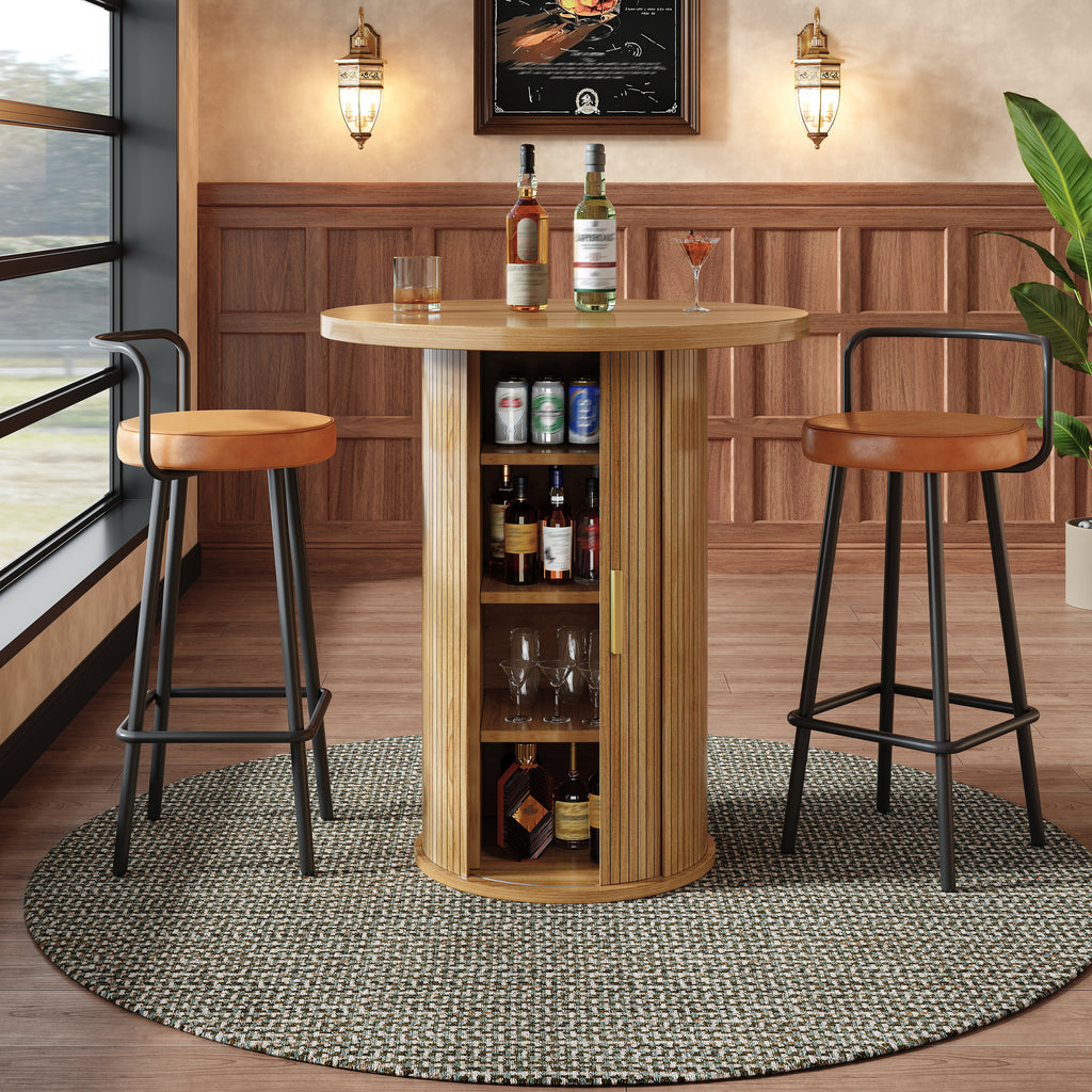 Round bar table with storage, 91.6cm high standing table with cabinet, MDF wood look, load capacity up to 75kg, for bar & living room