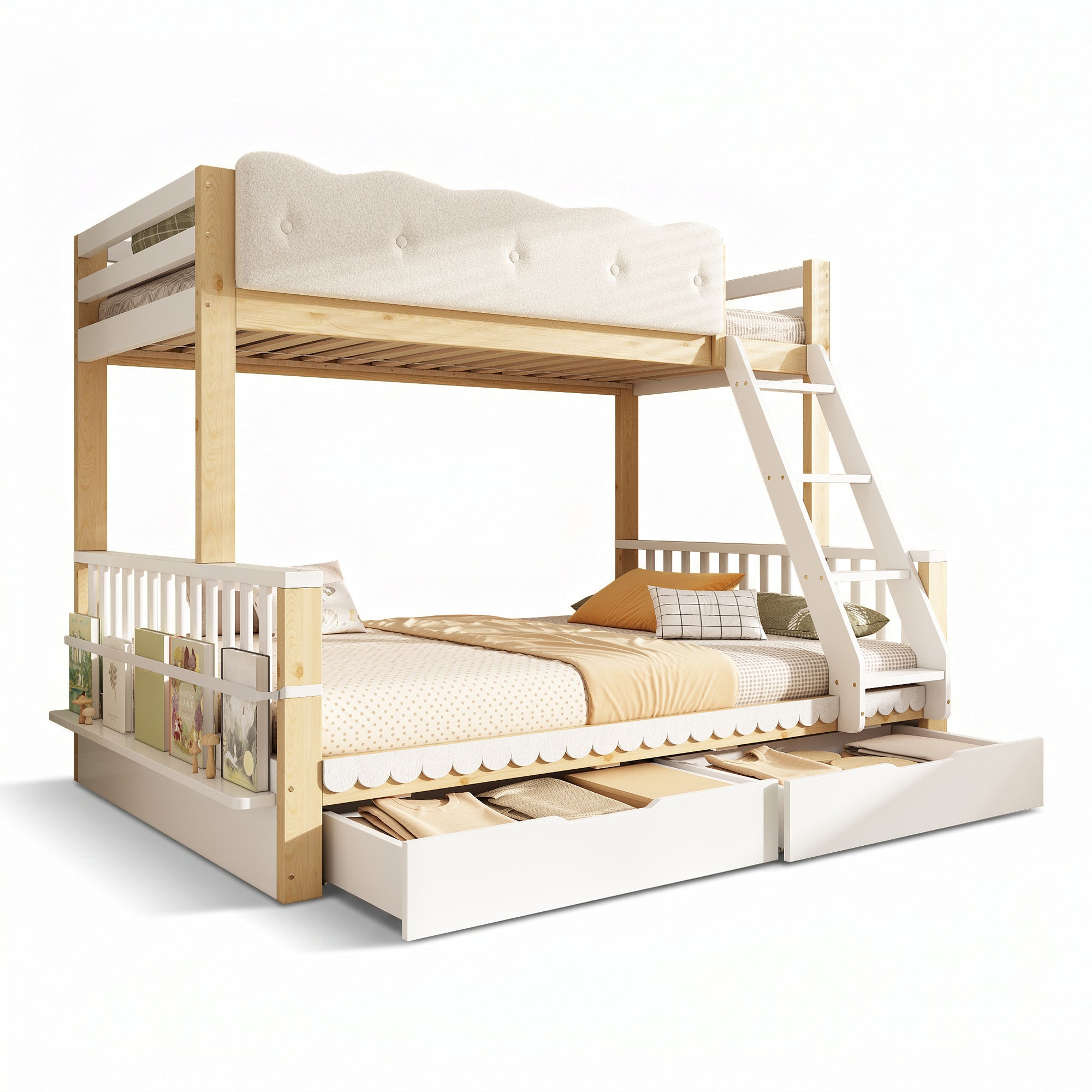 Bunk Beds for Kids, Children's Bunk Bed with Drawers and Side Bookshelf, Double Bunk Bed for Family with Multiple Children, (90+135) x 190 cm, Solid Wood, White & Nature