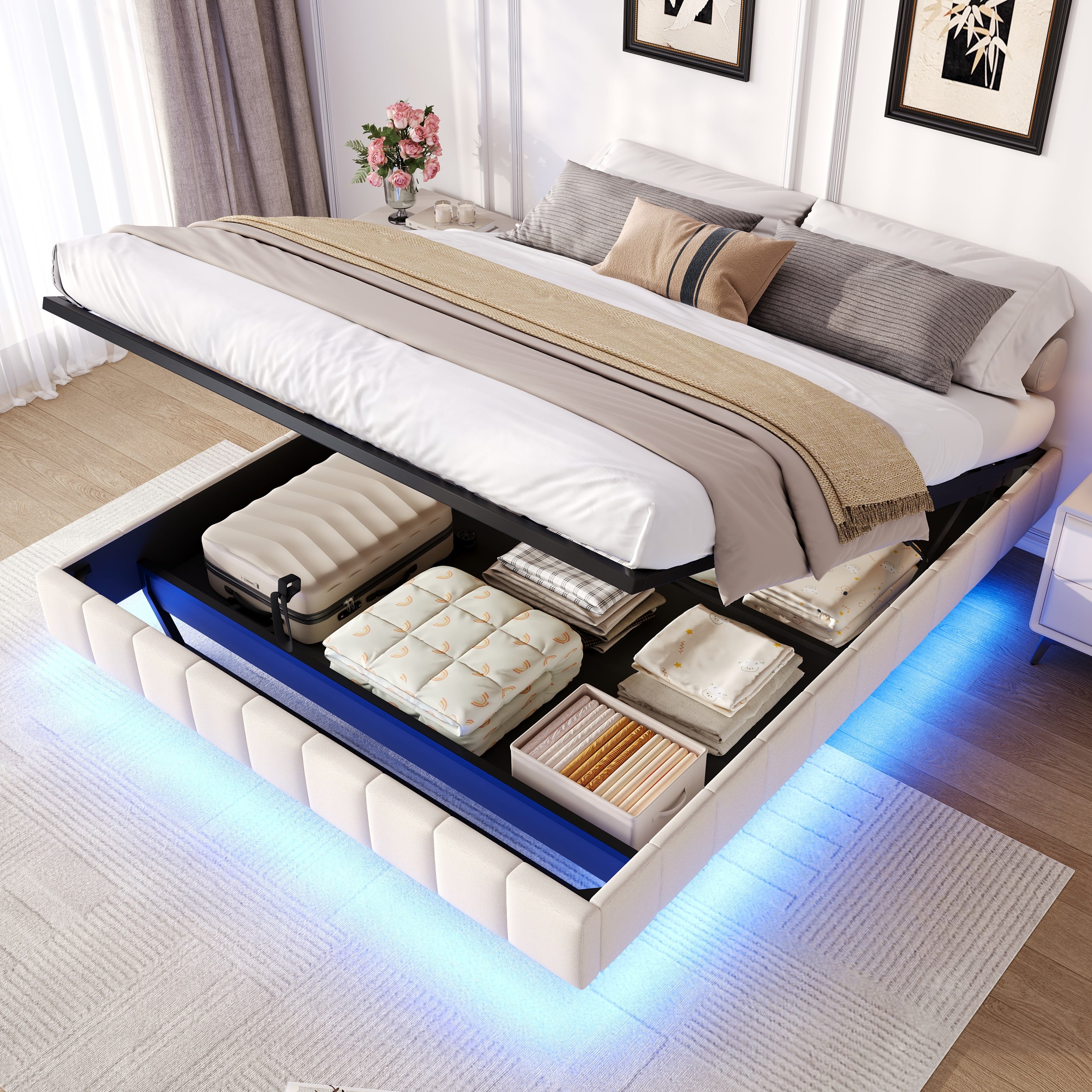 4ft6 Double Floating Bed Frame with Hydraulic Under-bed Storage & Smart RGB LED Lights, No Headboard Upholstered Bed with Concealed Anti-Collision Leg, Linen Fabric, Beige (No Mattress)