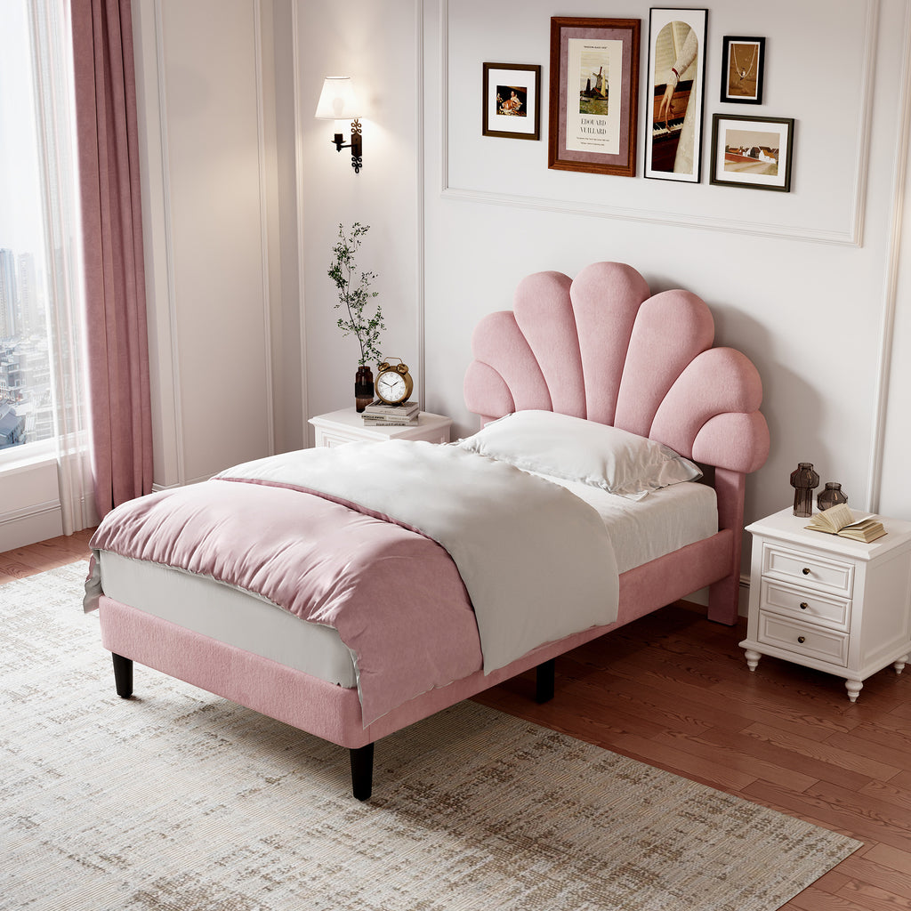 3ft Single Upholstered Velvet Bed Frame, with Adjustable Chic Petal Headboard, Velvet Platform Bed Frame with Solid Wood Slat, No Box Spring Needed, Easy Assembly, Pink
