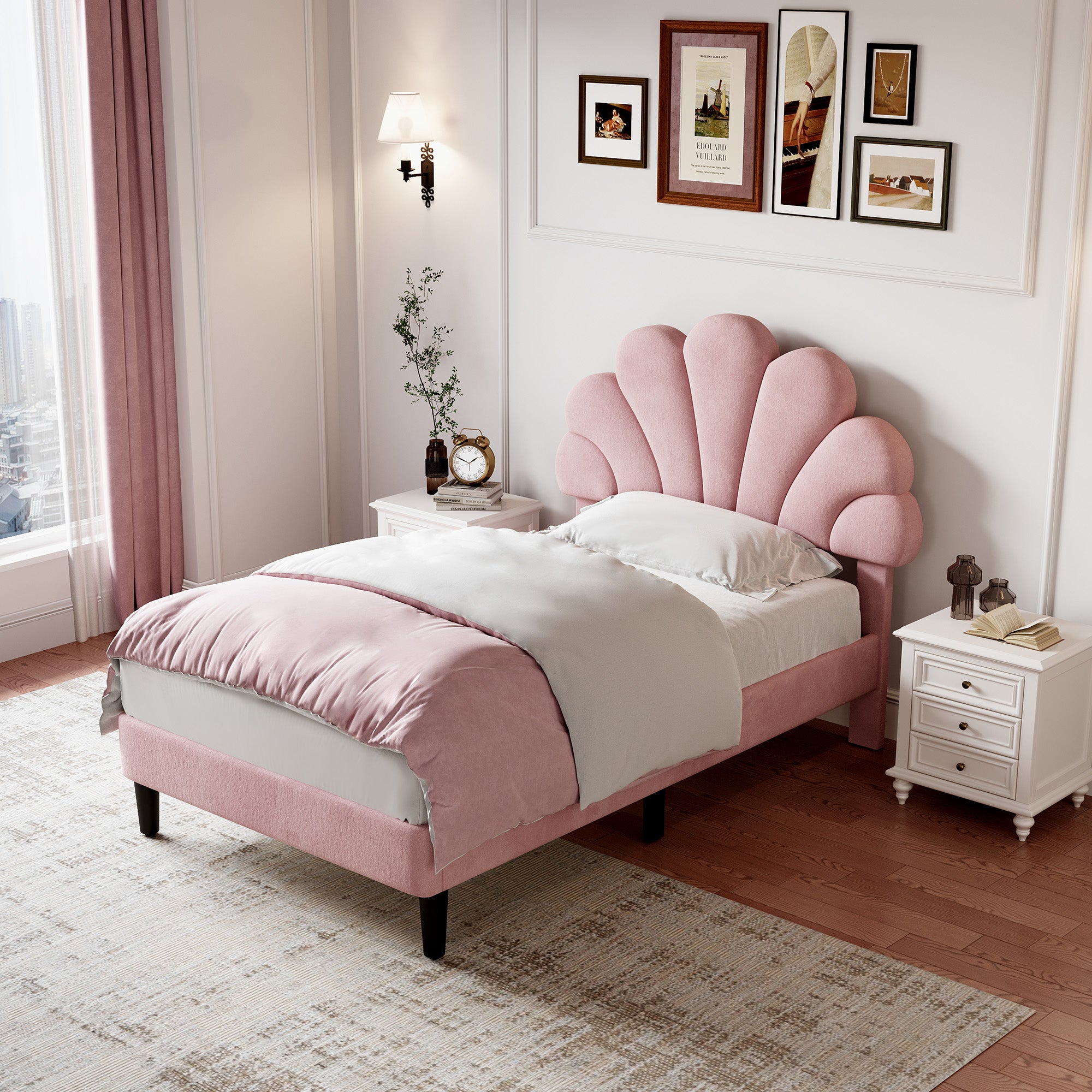3ft Single Upholstered Velvet Bed Frame, with Adjustable Chic Petal Headboard, Velvet Platform Bed Frame with Solid Wood Slat, No Box Spring Needed, Easy Assembly, Pink