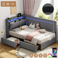 3ft Single Daybed with Two Storage Drawers, LED Concealed Headboard Storage with Charging Station, Modern Linen Sofa Bed for Living Room/ Bedroom/ Study Room, 90X190cm, Grey (No Mattress)