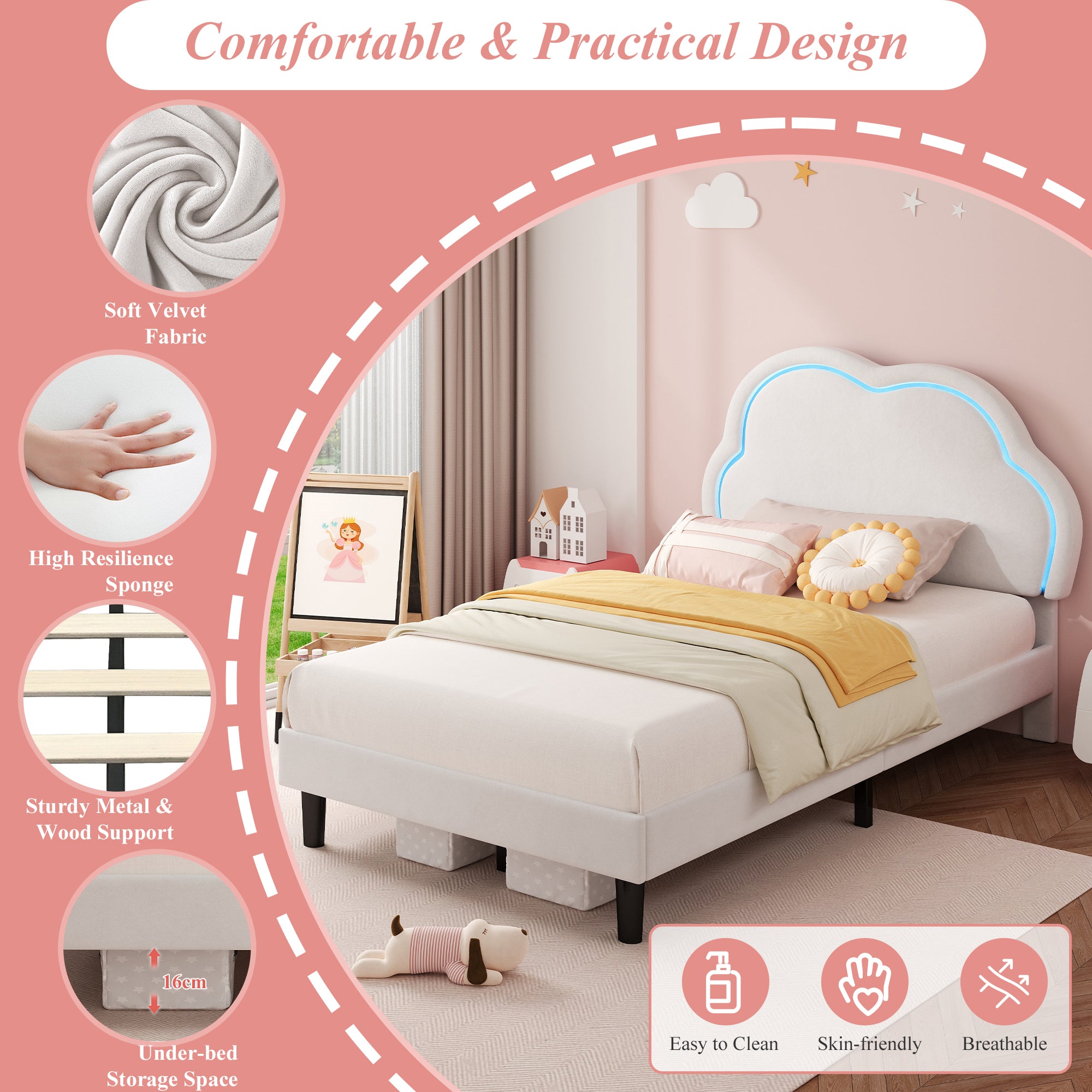 3ft Single Upholstered Bed with LED Adjustable Cute Cloud Headboard, Soft Velvet Bed Frame with Solid Wood Slat, No Box Spring Needed, Easy Assembly, Cream White (No Mattress)