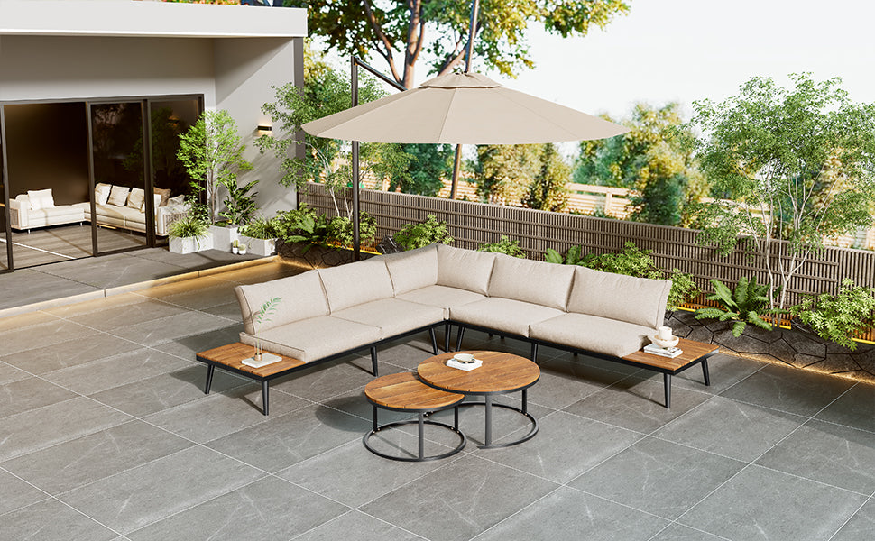 Modular Outdoor Sofa Set with Galvanized Iron Frame, Washable Cushions, Acacia Wood Nesting Tables, for Patio & Garden