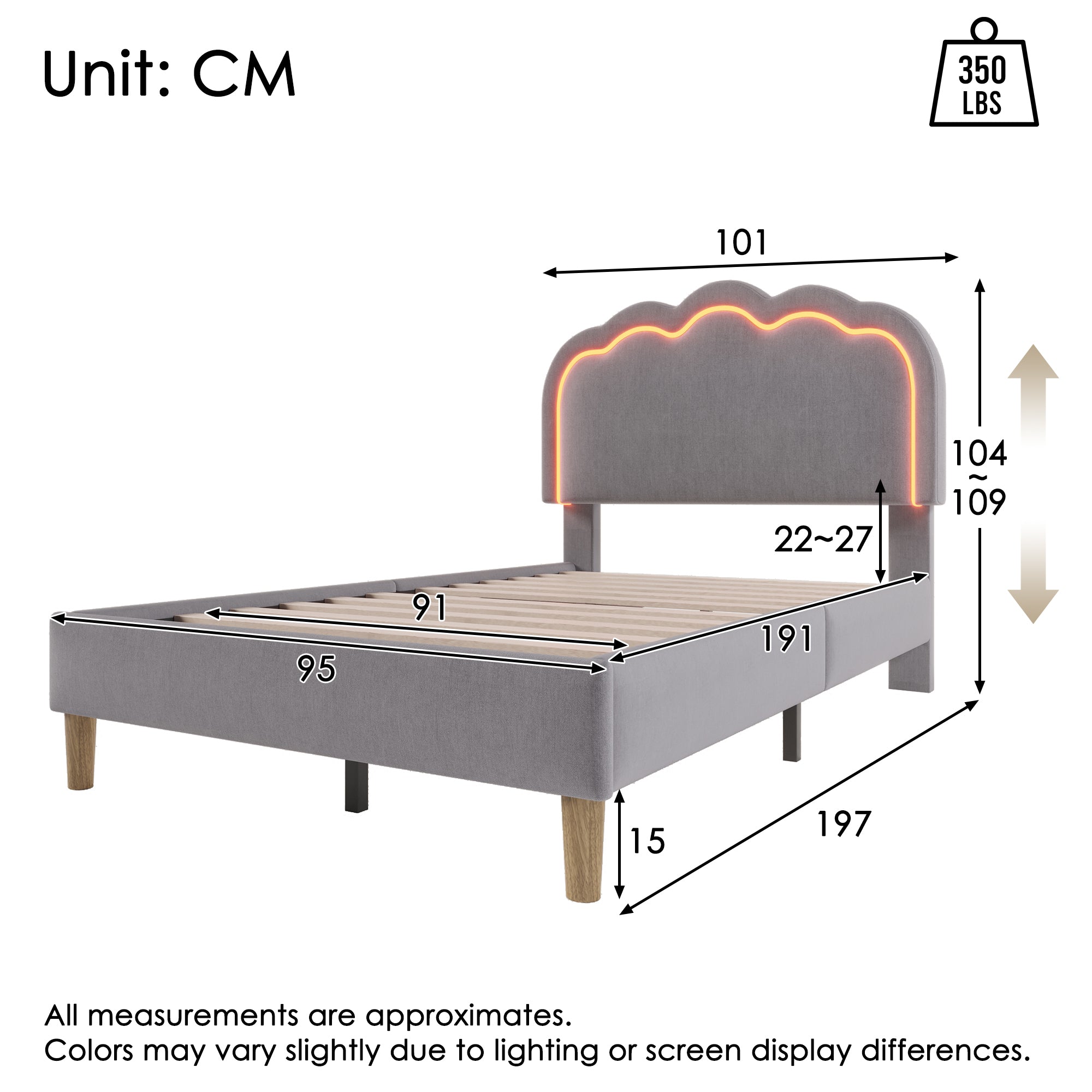 Upholstered Bed, 3ft 90x190cm Single Bed with LED, Bed Frame with Wooden Slats and Adjustable Height Headboard, Teen Bed for Bedroom and Guest Room, Grey, Linen Material, Without Mattress.