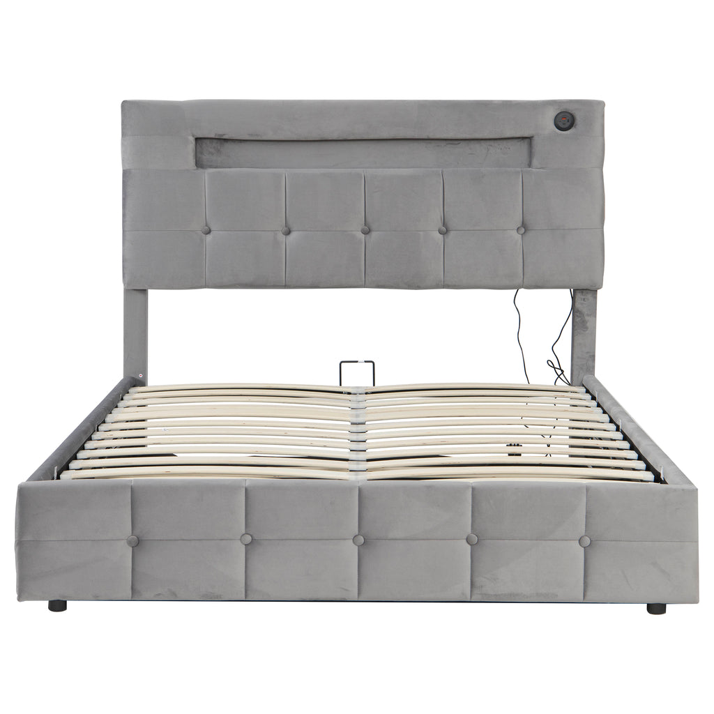 4ft6 Double Upholstered Bed Frame with Hydraulic Storage, Velvet Ottoman Bed with LED Lighting and Charging Station,  Double Bed with Adjustable Button Tufted Headboard, No Box Spring Needed, Grey
