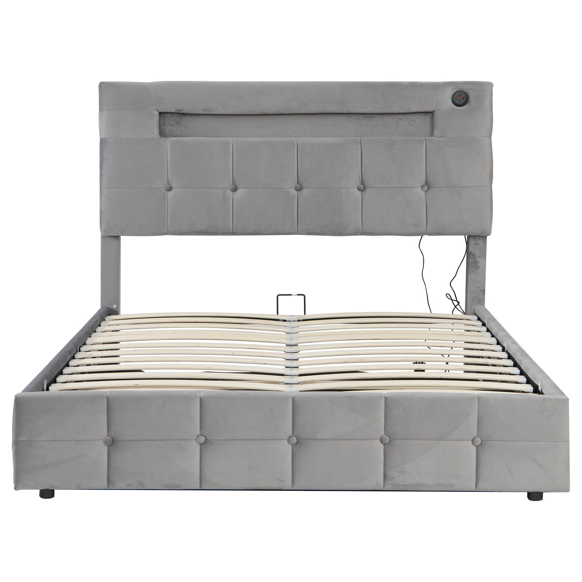 4ft6 Double Upholstered Bed Frame with Hydraulic Storage, Velvet Ottoman Bed with LED Lighting and Charging Station,  Double Bed with Adjustable Button Tufted Headboard, No Box Spring Needed, Grey
