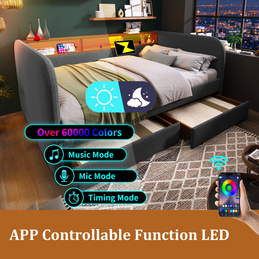 Upholstered Daybed with Headboard Storage, 90 x 190 cm Single Sofa Bed with LED and USB Type-C Reading Light, 3FT Daybed with 2 Drawers, Linen, Grey (Without Mattress)