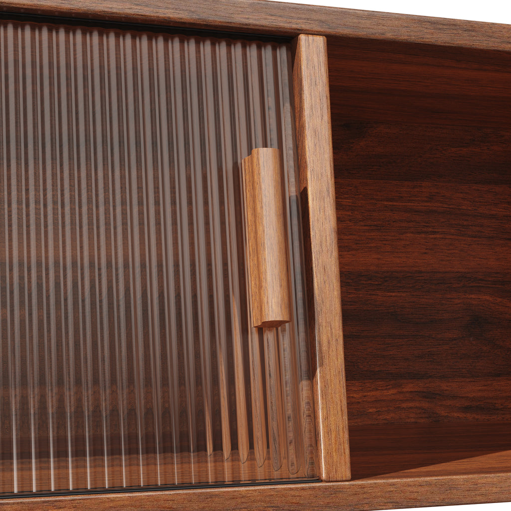 High-quality sideboard with rattan look and glass sliding doors, 174.5 cm high kitchen cabinet with storage space, natural wood/walnut look