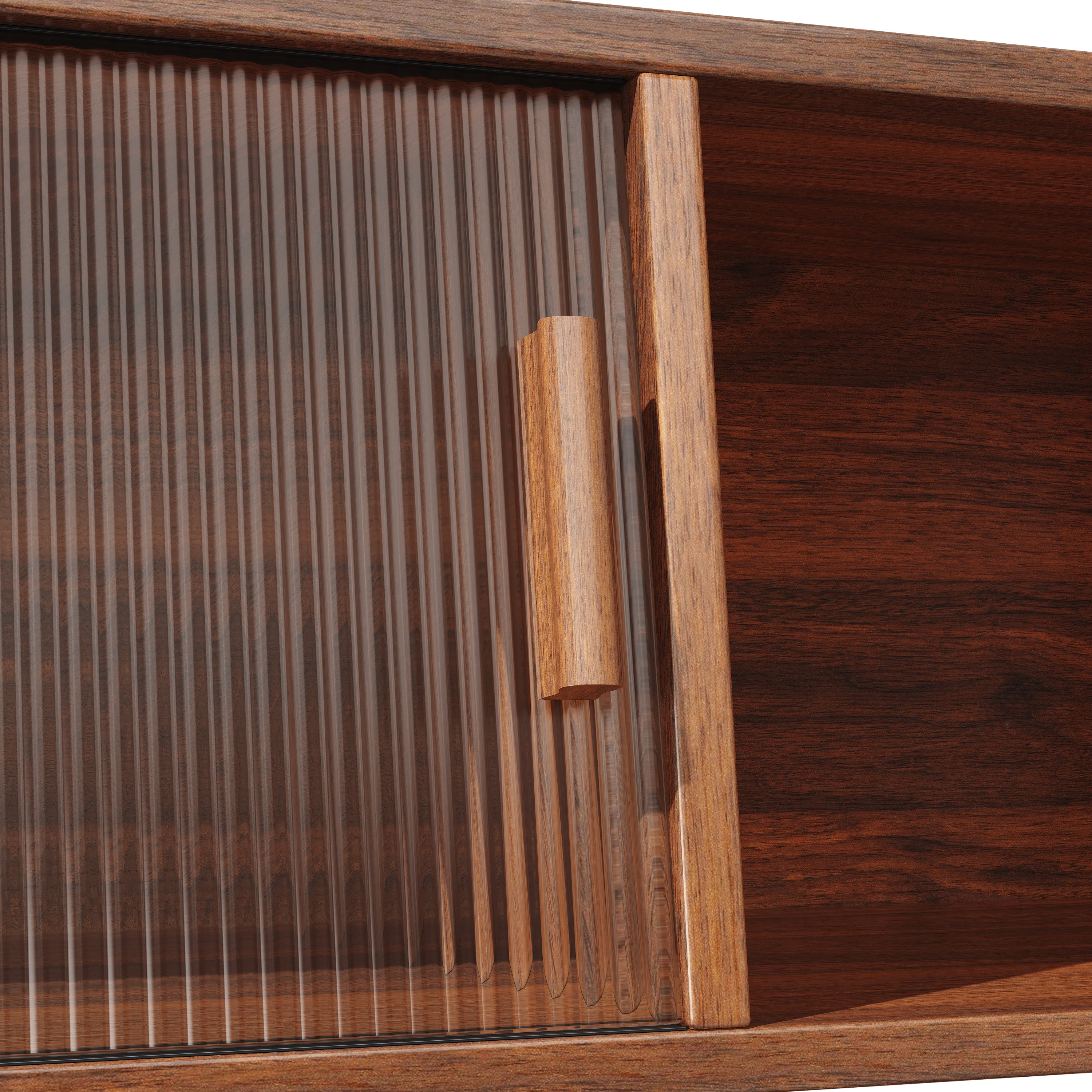 High-quality sideboard with rattan look and glass sliding doors, 174.5 cm high kitchen cabinet with storage space, natural wood/walnut look