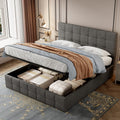 4ft6 Double Upholstered Storage Bed Frame, Velvet Ottoman Bed with Hydraulic Storage, Double Bed with Adjustable Button Tufted Headboard, Metal-Wood Support, No Mattress, Grey