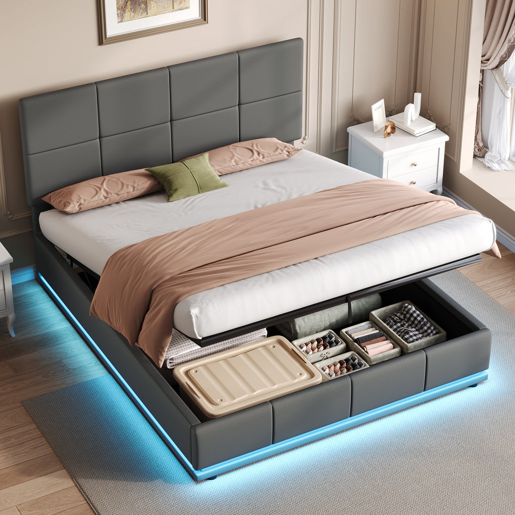 Ottoman Double Bed with LED Lighting, PU Leather Upholstered Bed with Hydraulic Storage, 4ft6 Double Bed Frame with Adjustable Square Tufted Headboard, Grey (No Mattress)